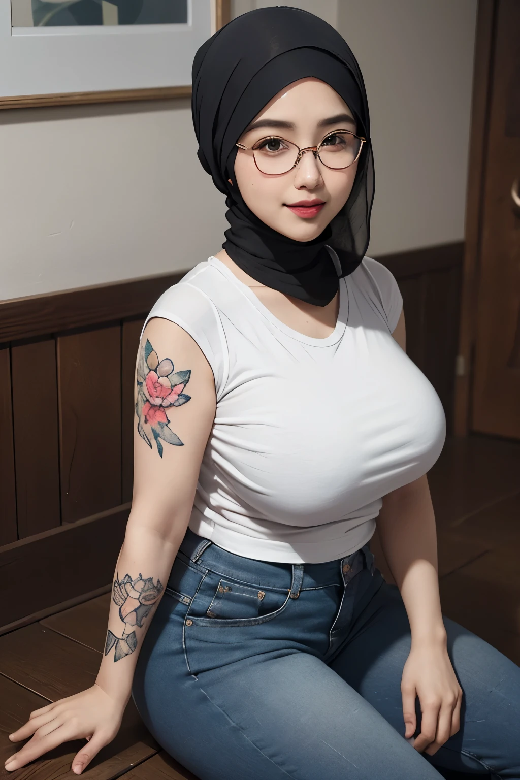 wanita berhijab syariah, wearing t-shirt, sneakers, chubby cheeks, chubby arm, chubby, glasses, big breast, chubby tight, wearing a hijab, bbw, bbc, cute girl, mature and plump, plump woman, clean and smooth pics, all star, high quality, best quality, good vibes, nice look, tattooed, gorgeous, elegant, high resolution, super extremely resolution, flower tattoos, Perfect angle, mature woman, milf, tight t-shirt, skinny, perfect look, t-shirt, dark room, smile shy, woman 40 years old, black t-shirt, chubby cheeks, Thigh-length pants, sweaty, full bodies, tank top, dimples, armpits