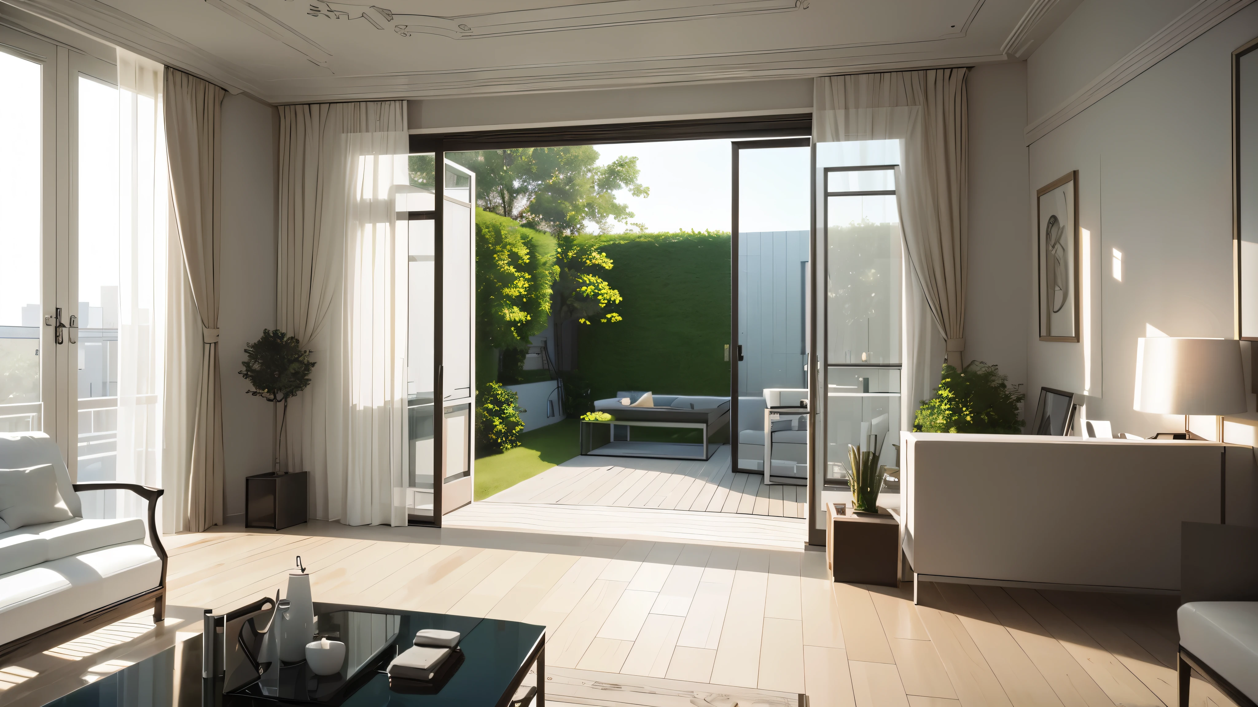 You are a famous interior designer、You have been asked to create a 3D image of a modern large room. Create a harmonious environment with modern and minimalist furniture. Including garden interior.