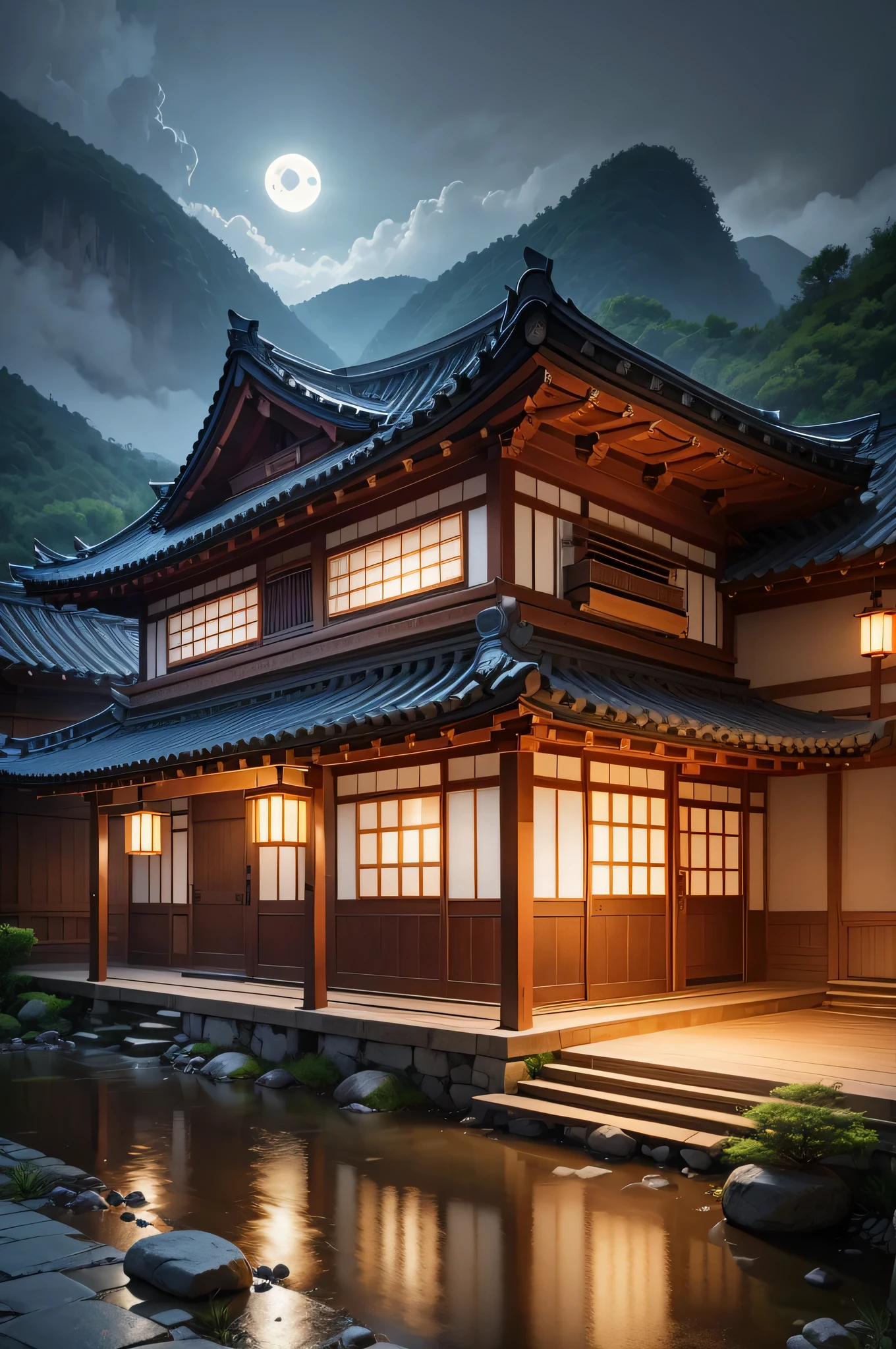 Realistic rendering，South Korea&#39;natural scenery, Small valley, traditional hanok, rainy night, Moonlight shines through the clouds