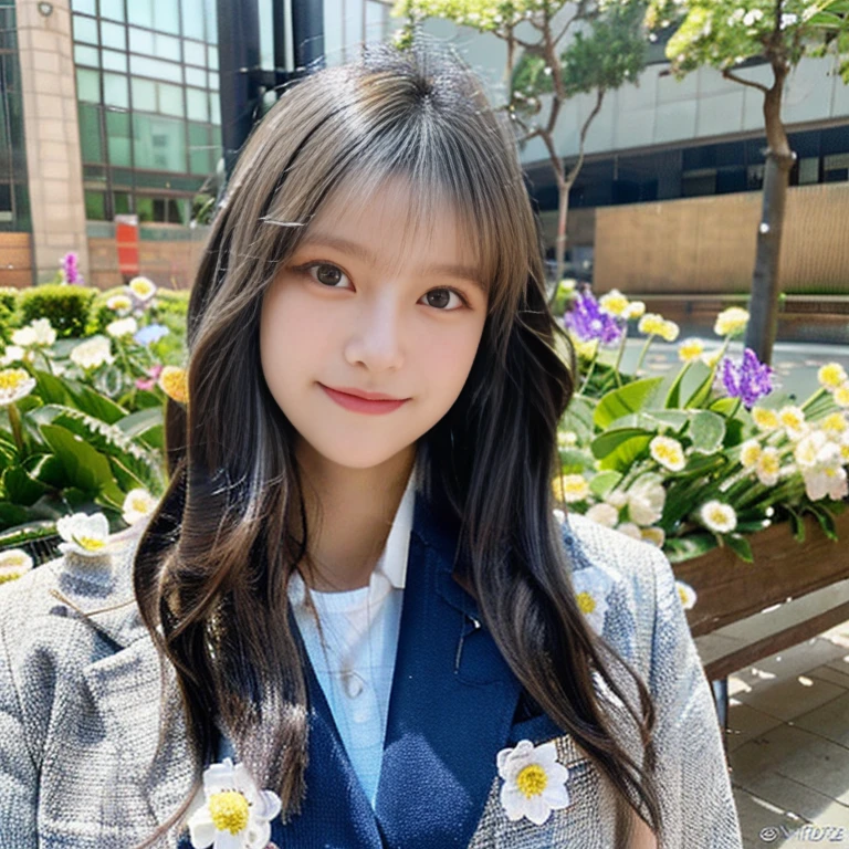 ((highest quality)), ((masterpiece)), (be familiar with), perfect face photo real, 18 years old, bright eyes, big eyes, high nose, (eye color is blue:1.3), white skin, Look at me and smile, short bob, blazer uniform, (Large flower hair ornament:1.3), full shot, spring, The background is school, 8k quality