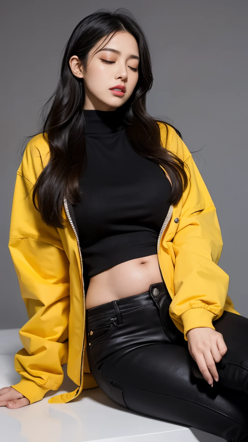 (photorealistic),(masterpiece),(ultra-detailed),a very pretty and sexy 20 year old girl holding more than liters of pee, wearing crop bubble jacket and tight black jeans, hands jammed between thighs, legs crossed tightly, lower abdomen part of the tight black jeans bulging from full bladder as big sphere as if she was fully nine months pregnant but smooth rounded ,enduring extreme urge to pee,eyes slightly closed,pee about to come out,sweating