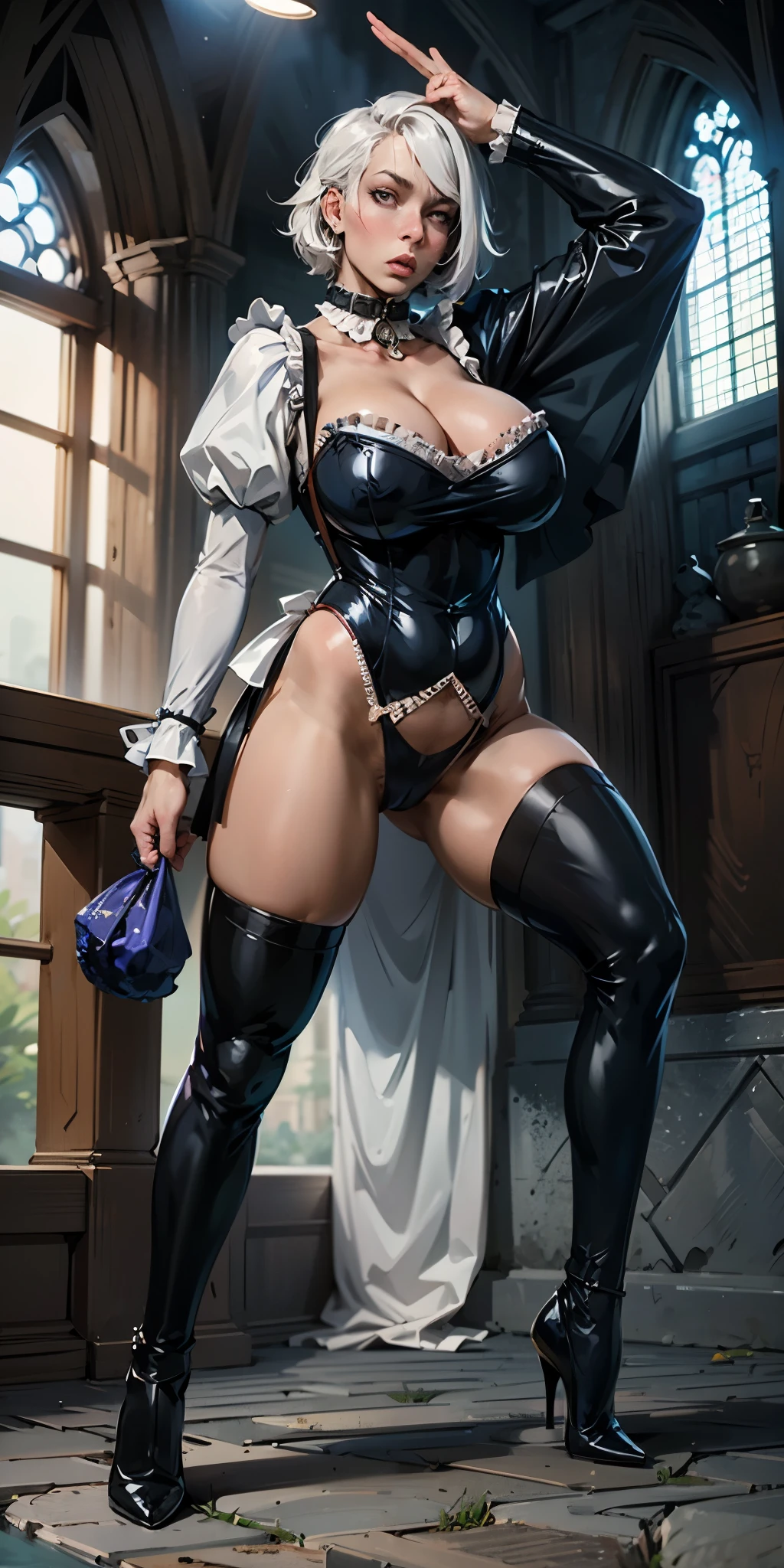White hair , short hair, pinched eyes, (big-:1.5) , Thin legs, thin body, leather collar, Maid outfit victorian, dynamic pose, full body, View from below, wide hips, Kneeling