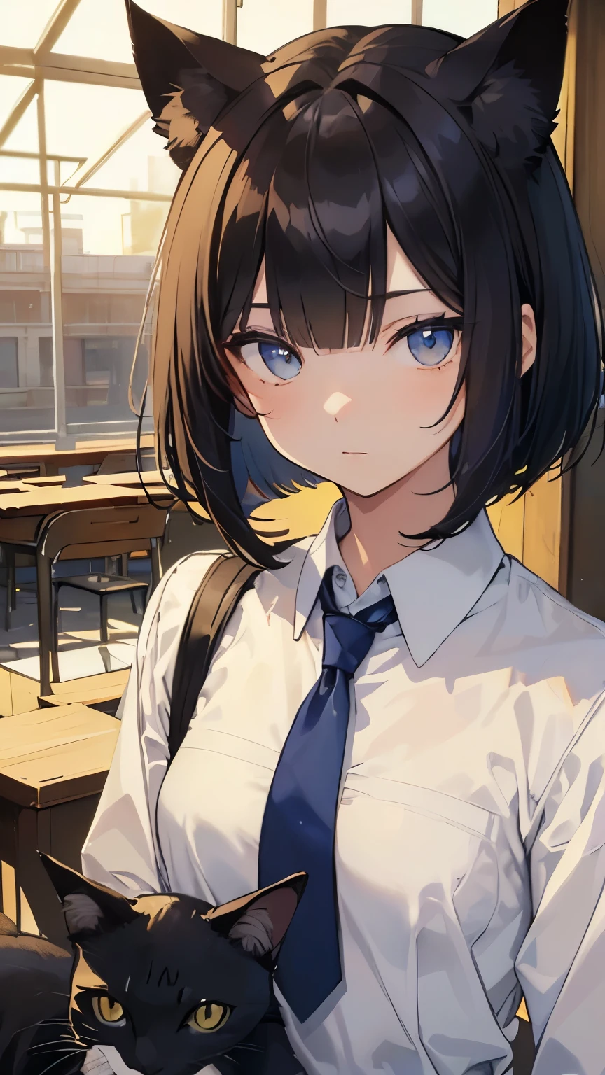 ((masterpiece:1.4、highest quality:1.2))、1 girl、solo focus、delicate face、Highly detailed anime faces and eyes、(conversion sequence)、Slender Beautiful Girl,black hair,short hair,Bob Heyer,bob cut,straight hair,(Blue right eye,yellow left eye,odd eye),Black cat ears,Nekomimi,cat tail,school uniform,tie