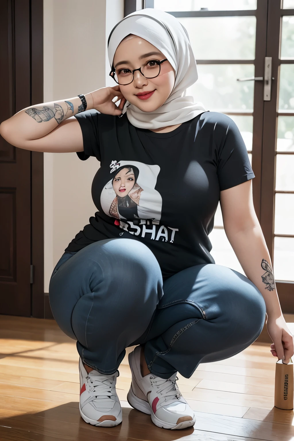 wanita berhijab syariah, wearing t-shirt, sneakers, chubby cheeks, chubby arm, chubby, glasses, big breast, chubby tight, wearing a hijab, bbw, bbc, cute girl, mature and plump, plump woman, clean and smooth pics, all star, high quality, best quality, good vibes, nice look, tattooed, gorgeous, elegant, high resolution, super extremely resolution, flower tattoos, Perfect angle, mature woman, milf, tight t-shirt, skinny, perfect look, t-shirt, dark room, smile shy, woman 40 years old, black t-shirt, chubby cheeks, Thigh-length pants, sweaty, full bodies, tank top, high heels, dimples, armpits