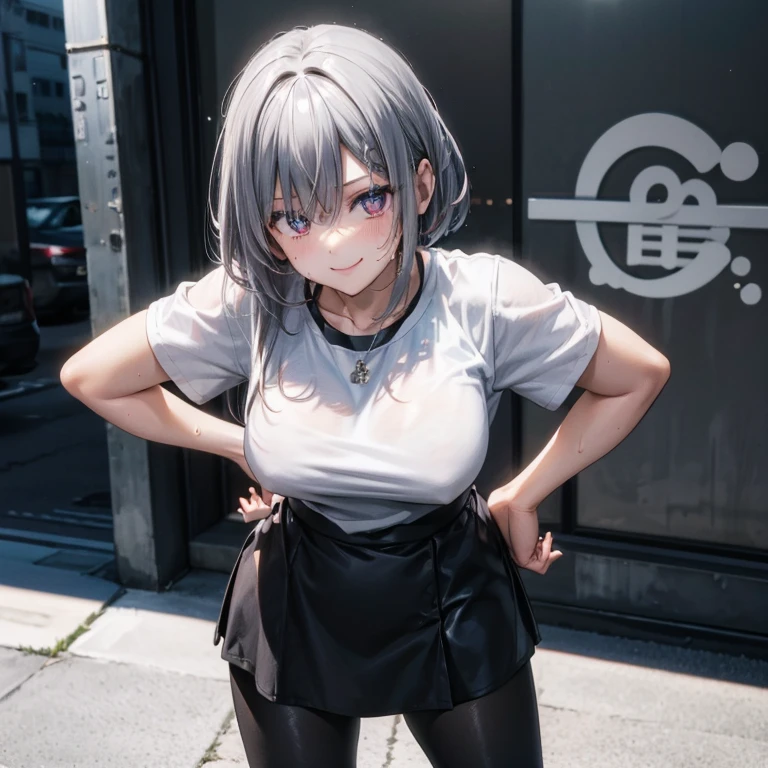 Silver hair long straight（center division）、big breasts、muscular body、Rin々New、sweaty、smile、smile、、30 years old、woman、strong、short sleeve、へそだしshort sleeve（High exposure）、club、cute、whole body、、lure、skin（brown）、mini skirt、leggings、sneakers