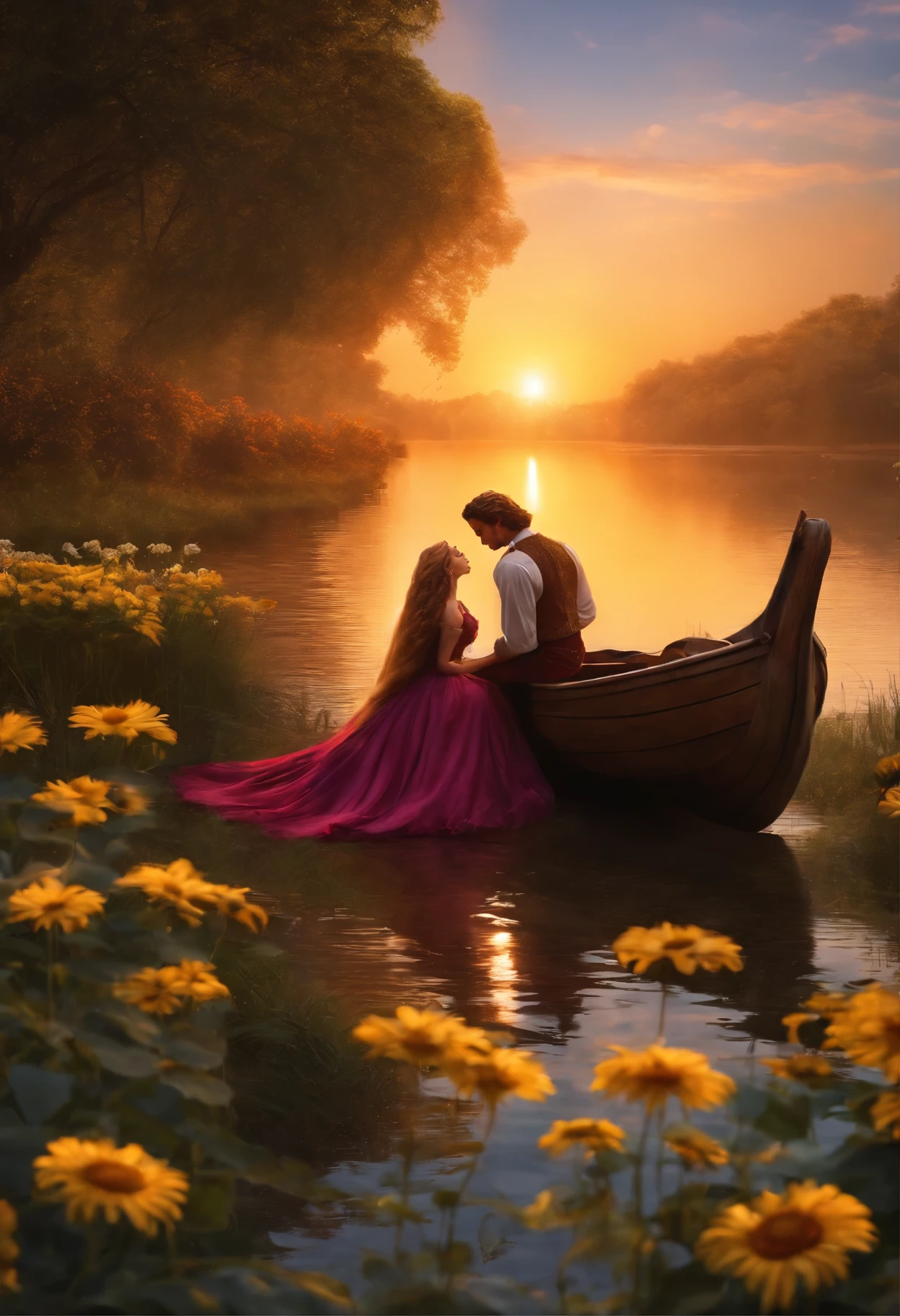Rapunzel with her boyfriend at the lakeside realistic ultra detailed sunset lighting, cenario grama com girassol, borboletas voando