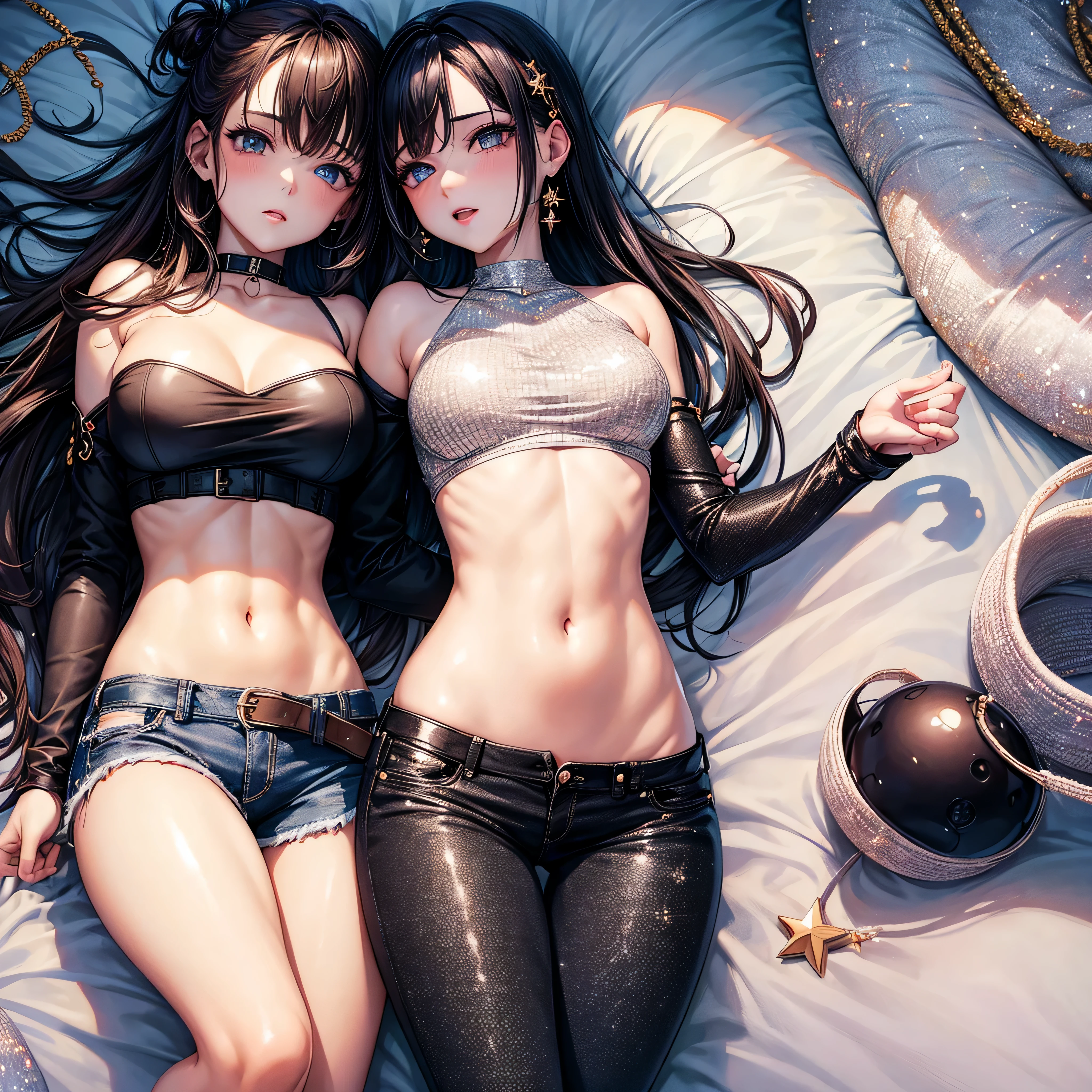 two girls in erotic embrace, bedazzling eyes, exposed stomach, exposed midriff, bare tummy, navel, glitter, starlight, tube tops, black jeans