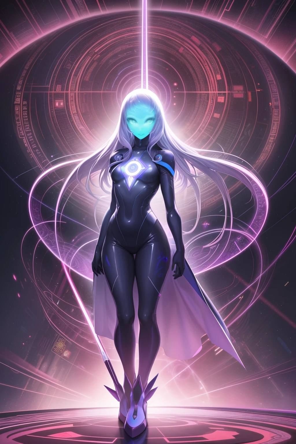 Por favor, Create an image of an alien scientist in violet and gray tones, adoptando estilo de caricatura, wearing futuristic clothes, standing in front of a blue backdrop. The image should be a digital masterpiece, inspired by Andrei Kolkoutine, Tumblr, psychedelic art, and sacred geometry. The alien scientist, in this spiritual dimension, assumes a psychedelic form, intricately composed of sacred geometry. He actua como un portal de energía. Por favor, consider art references from Dan Mumford and Alex Grey, as well as DMT entities, alien music, and LSD art elements --s2

((Cartoon, Alien scientist