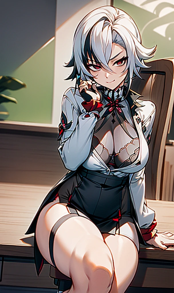 NSFW, arlecchino, arlecchino from genshin impact, office lady, big tits, cool girl, a quiet and serious girl, badass, firm expression, evil smile, look down, sexy model pose, office background, fine background, white shirt, short skirt, leg loops black stocking, full body, sitting on the chair