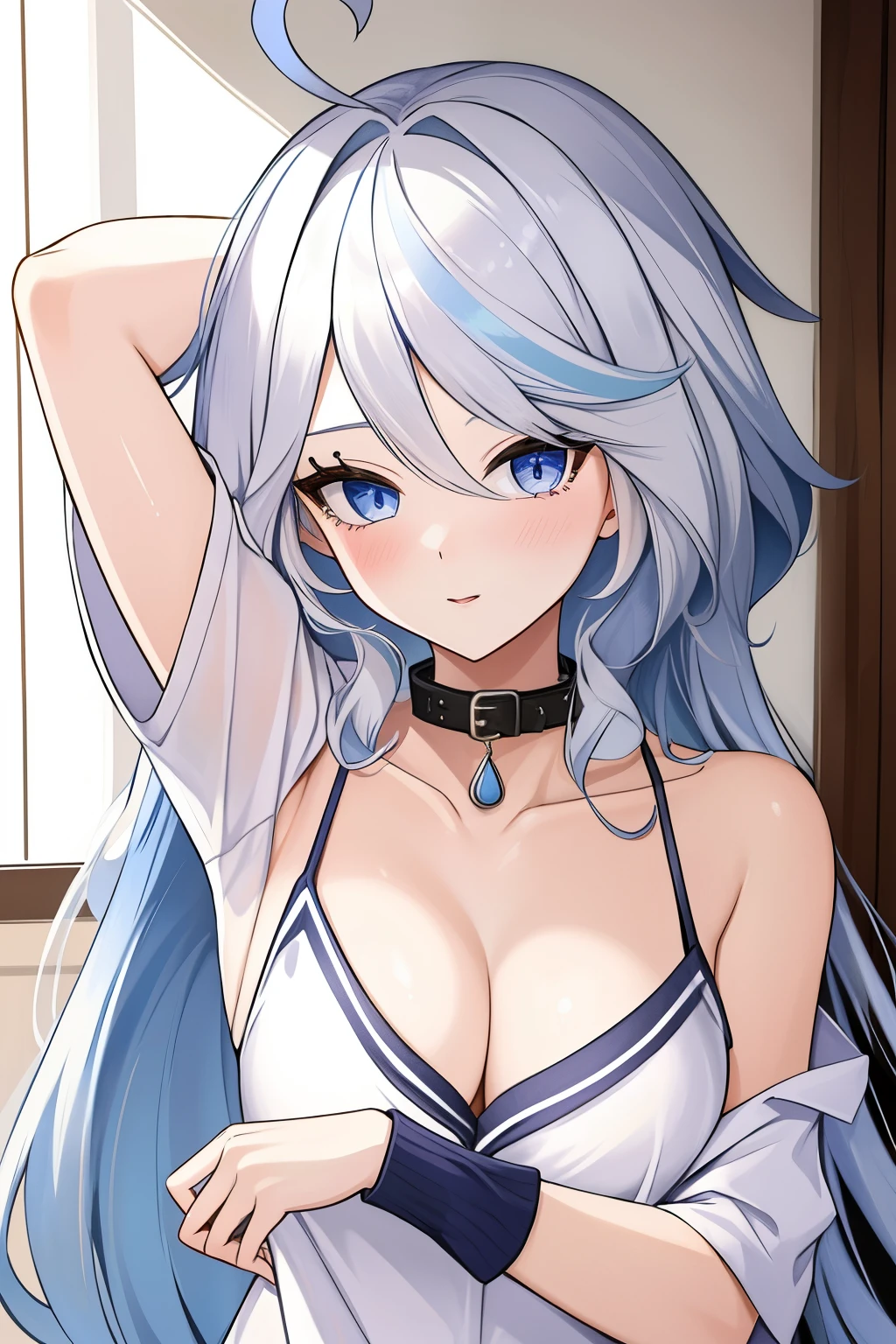 Furina,1girl,solo,long hair,ahoge,blue eyes,white hair,blue hair,bangs, off shoulder, collar bone, cleavage, look at viewer, perfect fingers, armpit peek, black sailor school uniform