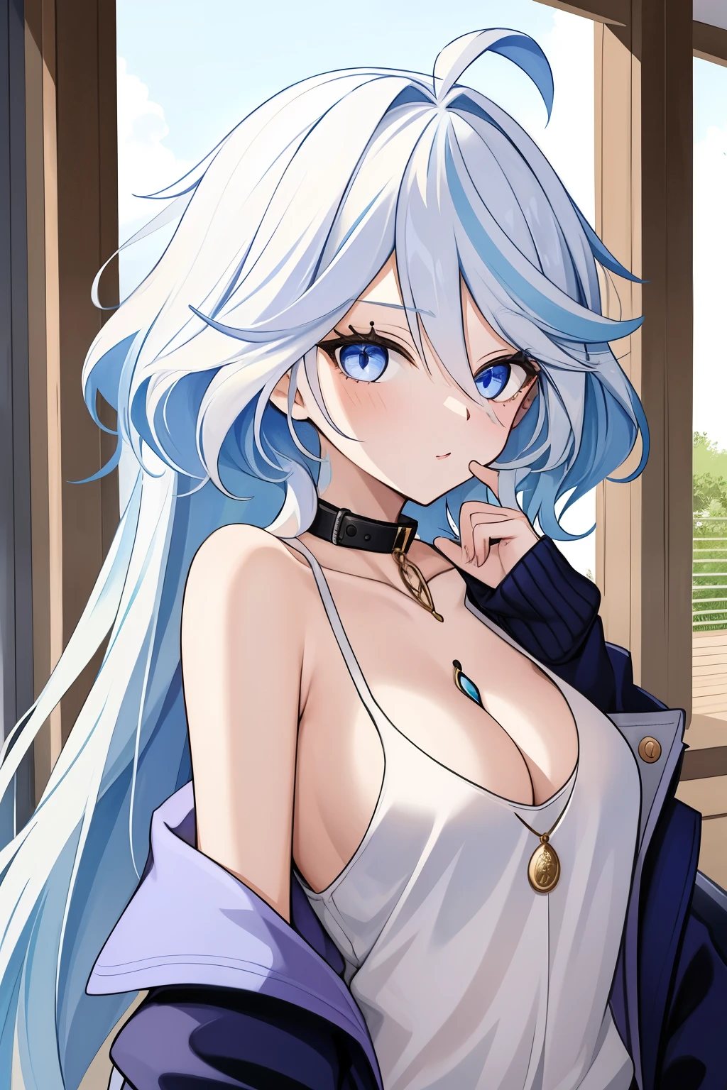 Furina,1girl,solo,long hair,ahoge,blue eyes,white hair,blue hair,bangs, off shoulder, collar bone, cleavage, look at viewer, perfect fingers, armpit peek, jacket