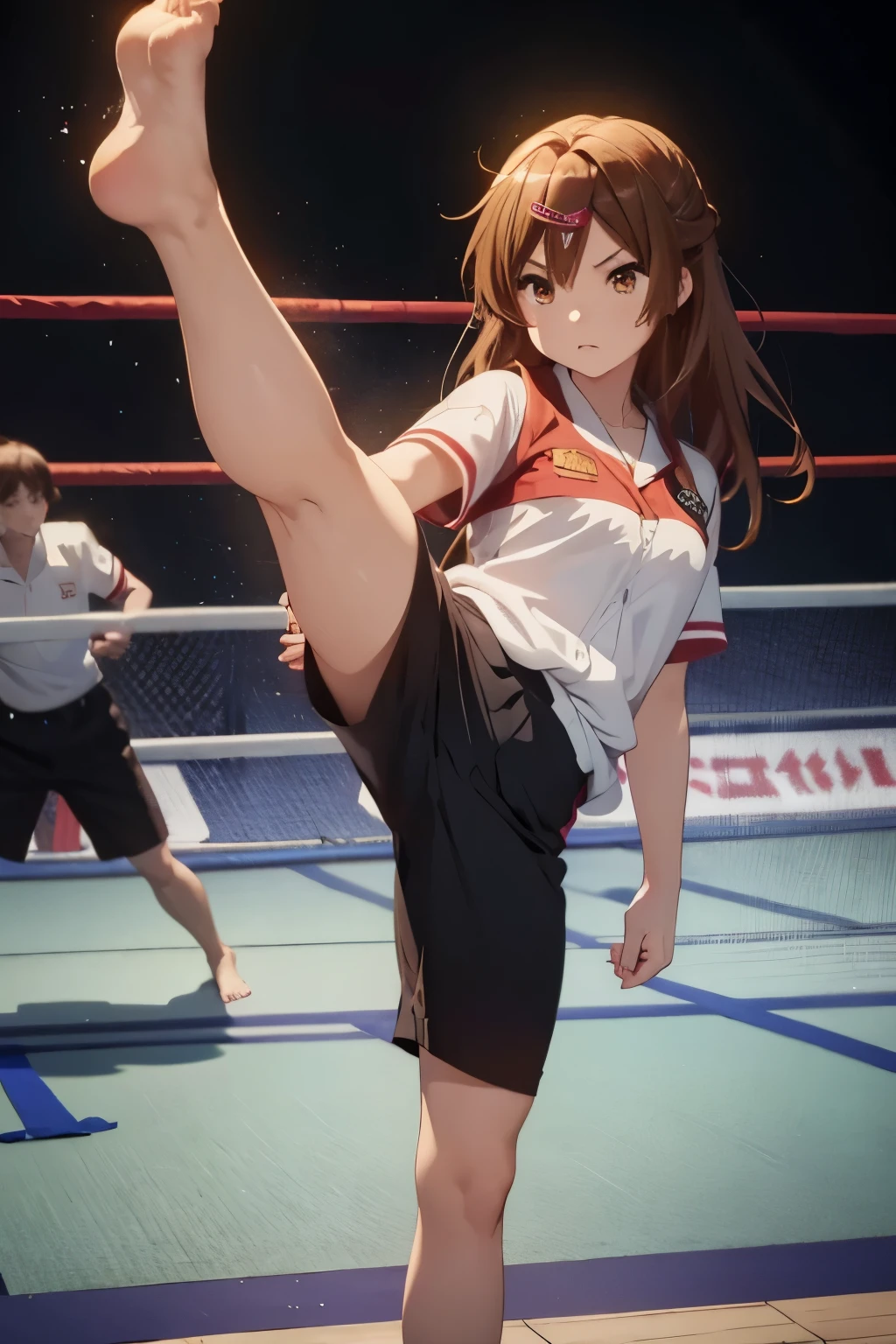 1girl, long brown hair, shinka nibutani, angry, wearing summer school uniform with short sleeves, right leg high kick, karate kick, right foot raised above head-height, barefoot, arched foot, barehands, fighting stance, martial arts, facing viewer, fit full body in picture, (best quality,8K,high resolution,ultra-detailed,masterpiece:1.2)