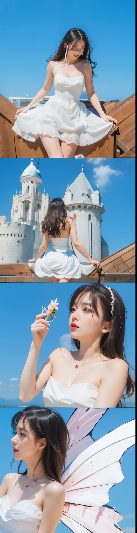 beautiful girl,dark hair,White dress,Authentic photo style,tree trunks,castle,Ray tracing,octane rendering