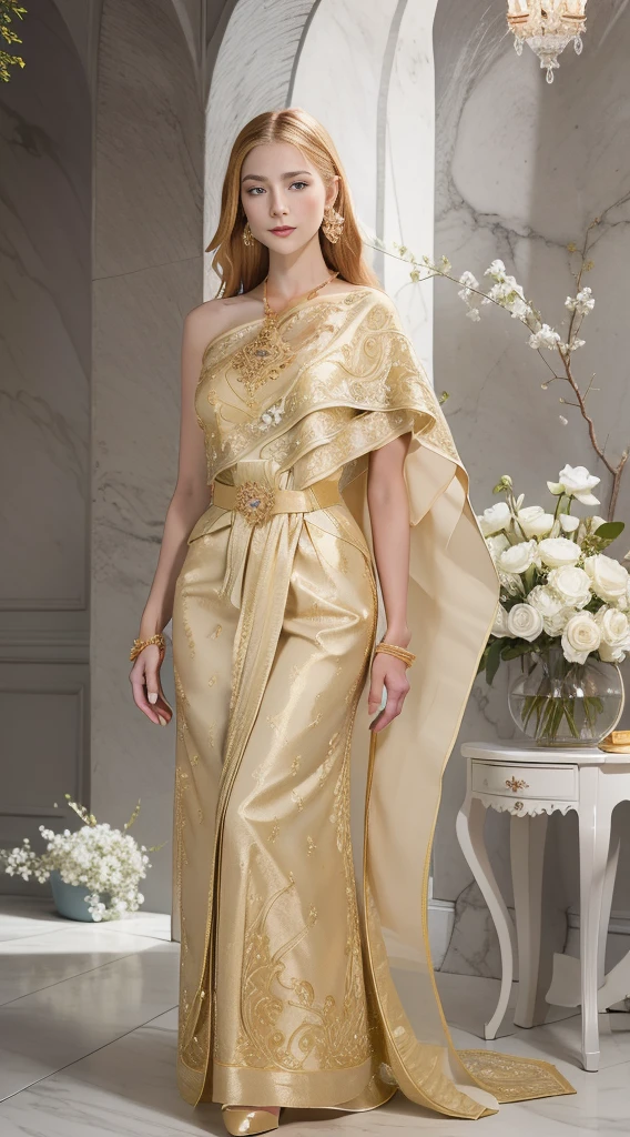 best quality, highly detailed, ultra-detailed, illustration, masterpiece,extremely detailed eyes and face, incredibly_absurd resolution, (blonde hair) , 1girl, wearing a meticulously crafted and luxurious gown showcasing intricate details, exquisite tailoring, and opulent fabrics, slim waist, light smile, whole body, facing towards the viewers, dynamic pose