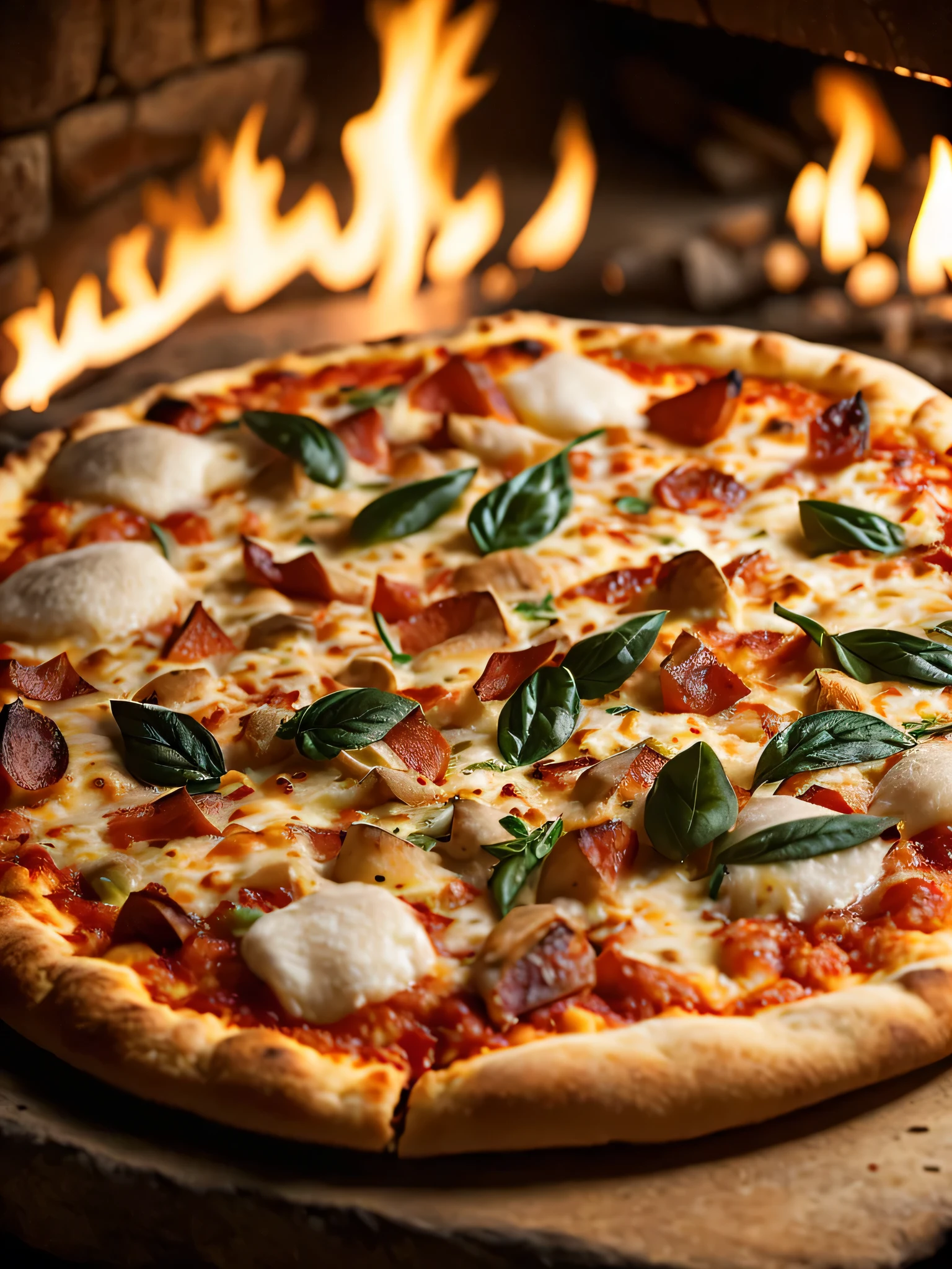 full macro photo, Delicious pizza in front of a stone oven, shining fire, food photography, advertising photos, Sharp quality macros, disapproval, soft lighting, very detailed, beautiful, Setting Shot, Artistic, hyperrealism, octane rendering, cinematic lighting, dramatic lighting, masterpiece, brightly lit, and very detailed.