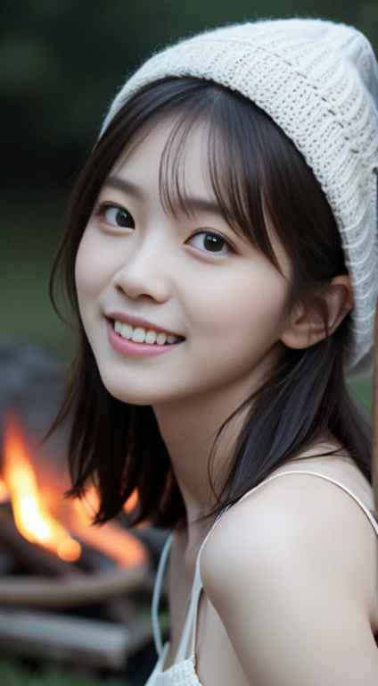 RAW, masterpiece, ultra-definition photo, highest quality, ultra-high resolution, photorealistic, one cute girl around 30 years old, fisheye lens, wind, messy hair, nature, bonfire, bonfire background, camping, (aesthetic/atmosphere 1.2), Knitted hat, glasses on the forehead, smile, toothy smile, amazingly beautiful, delicate face, bright eyes, (side view), very detailed background, detailed face, detailed and complex busy background, detailed skin, realistic skin details, visible pores, sharp focus, volumetric fog, 8k UHD, DSLR, high quality, film grain, white skin, photorealism, lomography, (perfect anatomy: 1.3), ( No Mask: 1.3), (Full Finger: 1.3), Photoreal, Photo, Mastepiece, Top Quality, High Resolution, Delicate and Beautiful, Perfect Face, Beautiful Detailed Eyes, Fair Skin, Real Human Skin, Pores , ((slender legs)), (black hair)