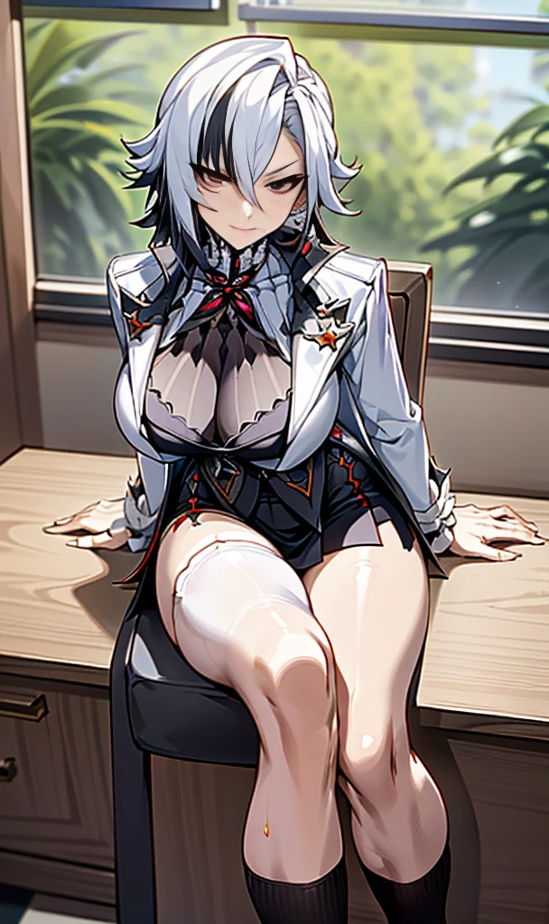 NSFW, ((POV)), arlecchino, arlecchino from genshin impact, office lady, big tits, cool girl, a quiet and serious girl, badass, firm expression, evil smile, look down, sexy model pose, office background, fine background, white shirt, short skirt, leg loops black stocking, full body, sitting on the chair