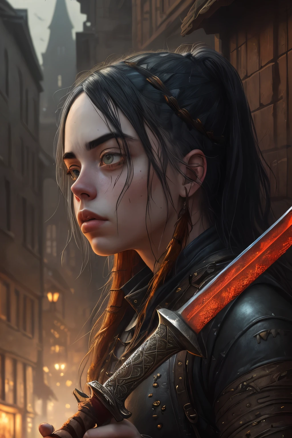 A captivating and detailed portrait of Billie Eilish wielding a sword, inspired by the tradition of photorealistic paintings. The leather or hide sheathe of the sword, embellished with red and amber tones, glows under the dim, grungy medieval light. Billie's eyes portrayed with chiaroscuro portraiture, intricately capturing every wrinkle, vein and emotion. Set against the backdrop of urban scenes, rich with texture and detail, a photobash of realistic architecture and cobblestone roads, evoking the grimy feeling of an old world city. The dimension and depth of this image will leave you in awe, a perfect