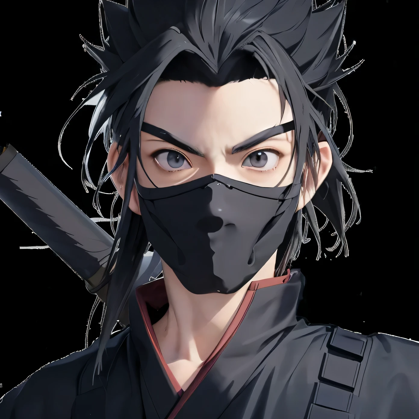 Japanese anime，ninja，3D，front，Facing the front，Carrying a katana，身上穿着ninja服饰，pose forward，Face mask，Complete head