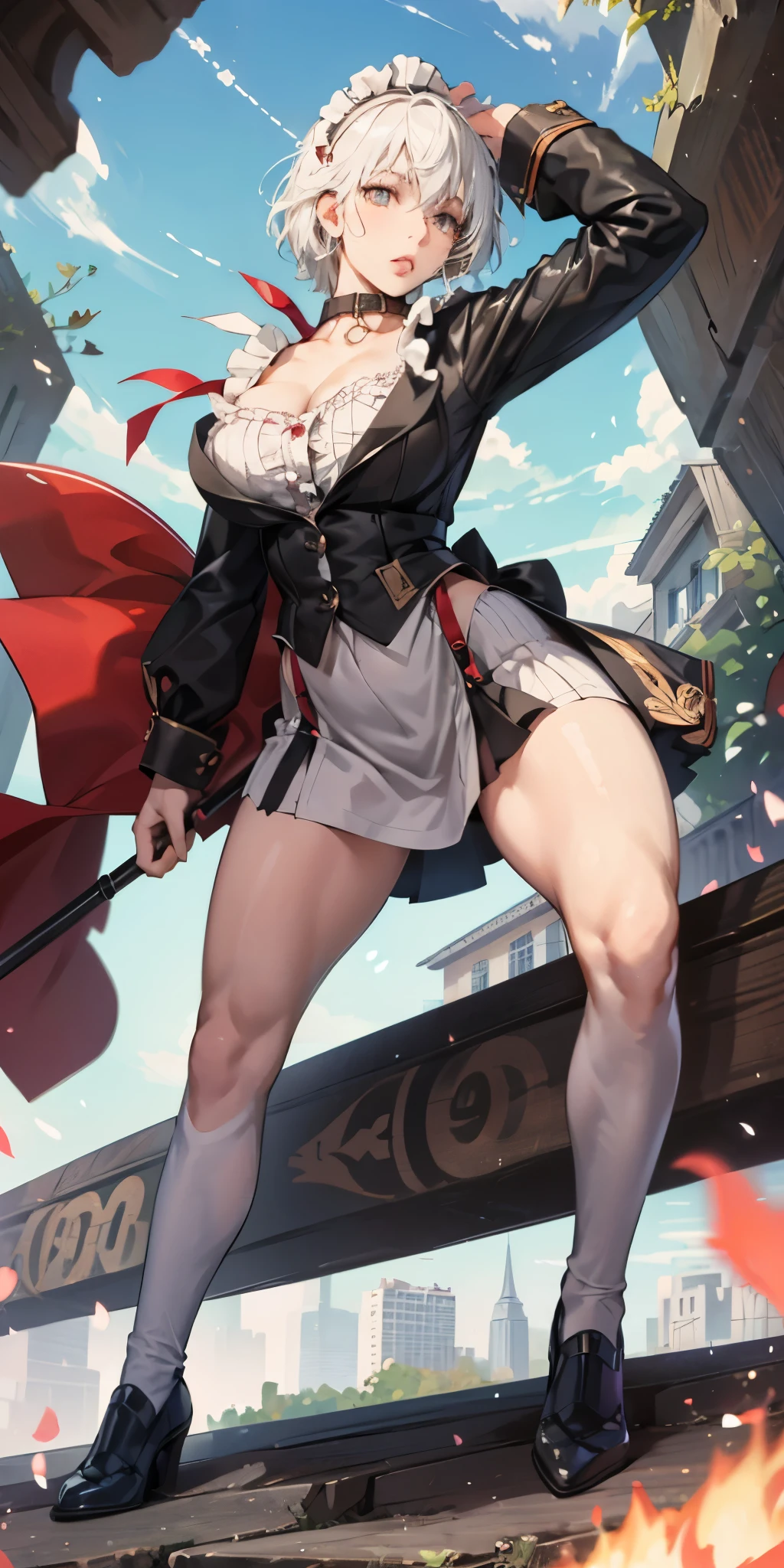 White hair , short hair, pinched eyes, (big-:1.5) , Thin legs, thin body, leather collar, Maid outfit victorian, dynamic pose, full body, View from below, wide hips, Kneeling
