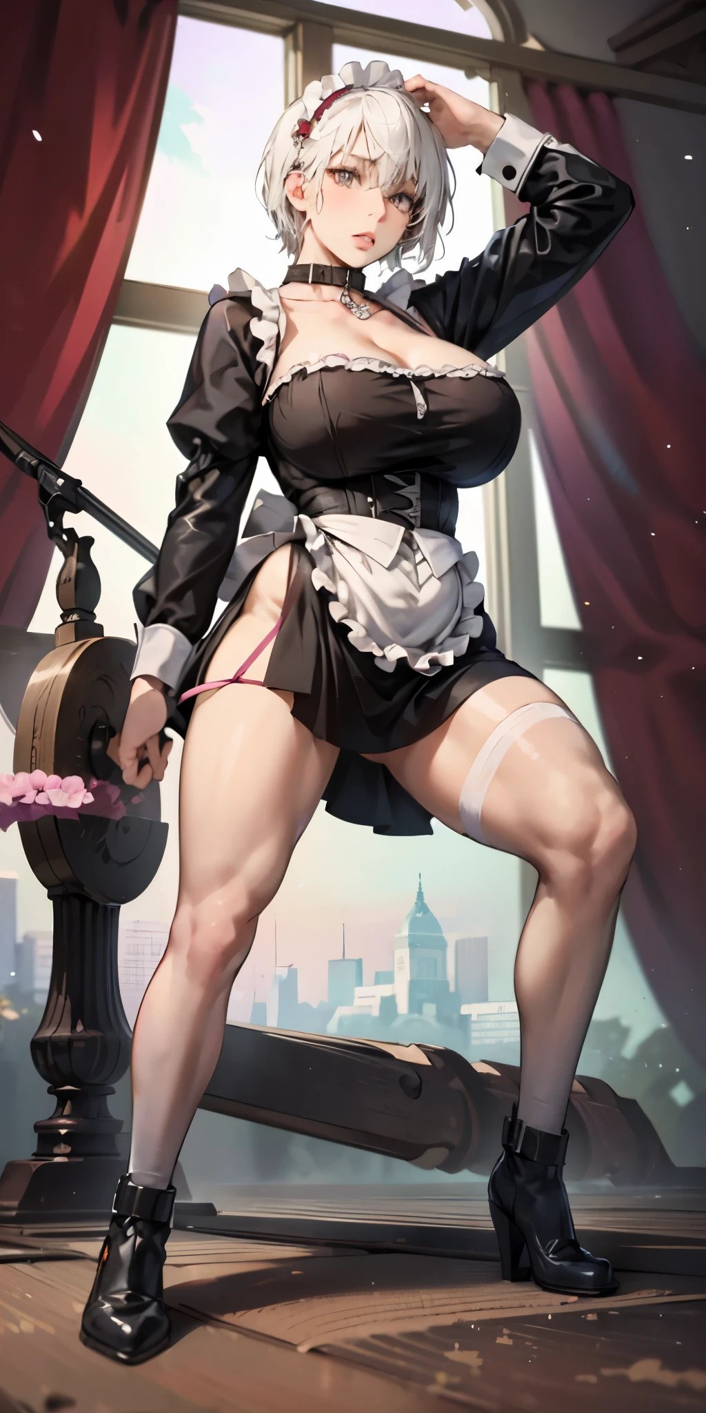 White hair , short hair, pinched eyes, (big-:1.5) , Thin legs, thin body, leather collar, Maid outfit victorian, dynamic pose, full body, View from below, wide hips, Kneeling
