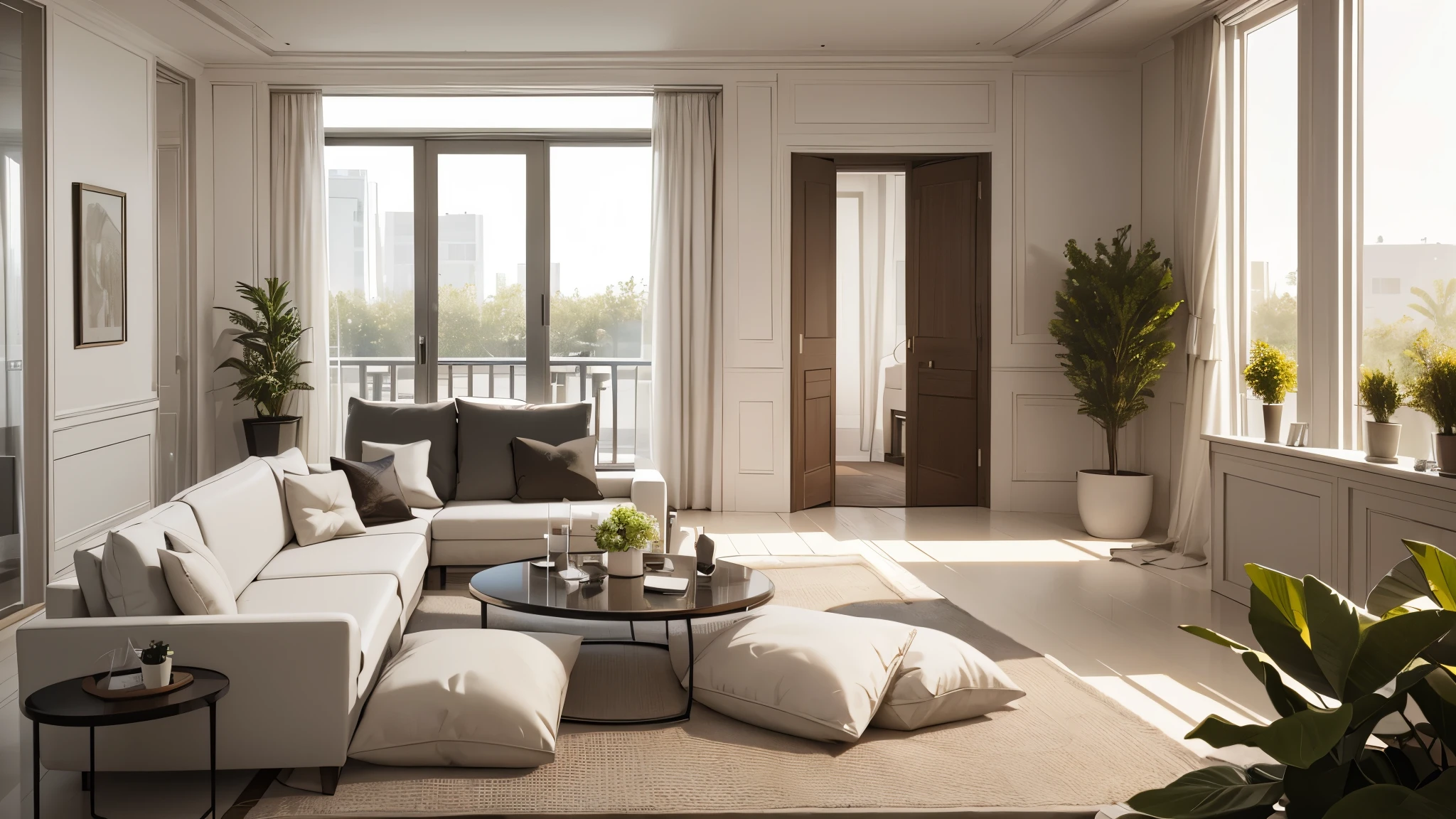 You are a famous interior designer、You have been asked to create a 3D image of a modern large room. Create a harmonious environment with modern and minimalist furniture. Including garden interior.