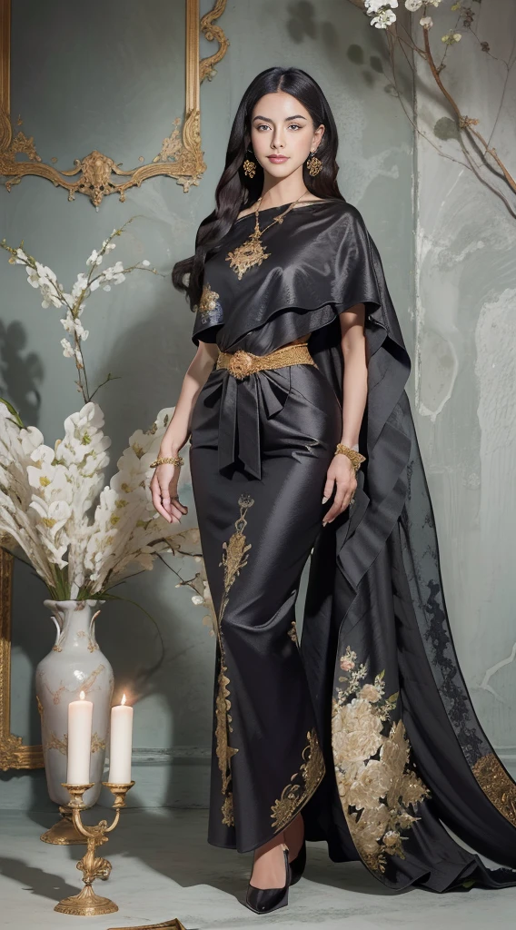 best quality, highly detailed, ultra-detailed, illustration, masterpiece,extremely detailed eyes and face, incredibly_absurd resolution, (black hair) , 1girl, wearing a meticulously crafted and luxurious gown showcasing intricate details, exquisite tailoring, and opulent fabrics, slim waist, light smile, whole body, facing towards the viewers, dynamic pose