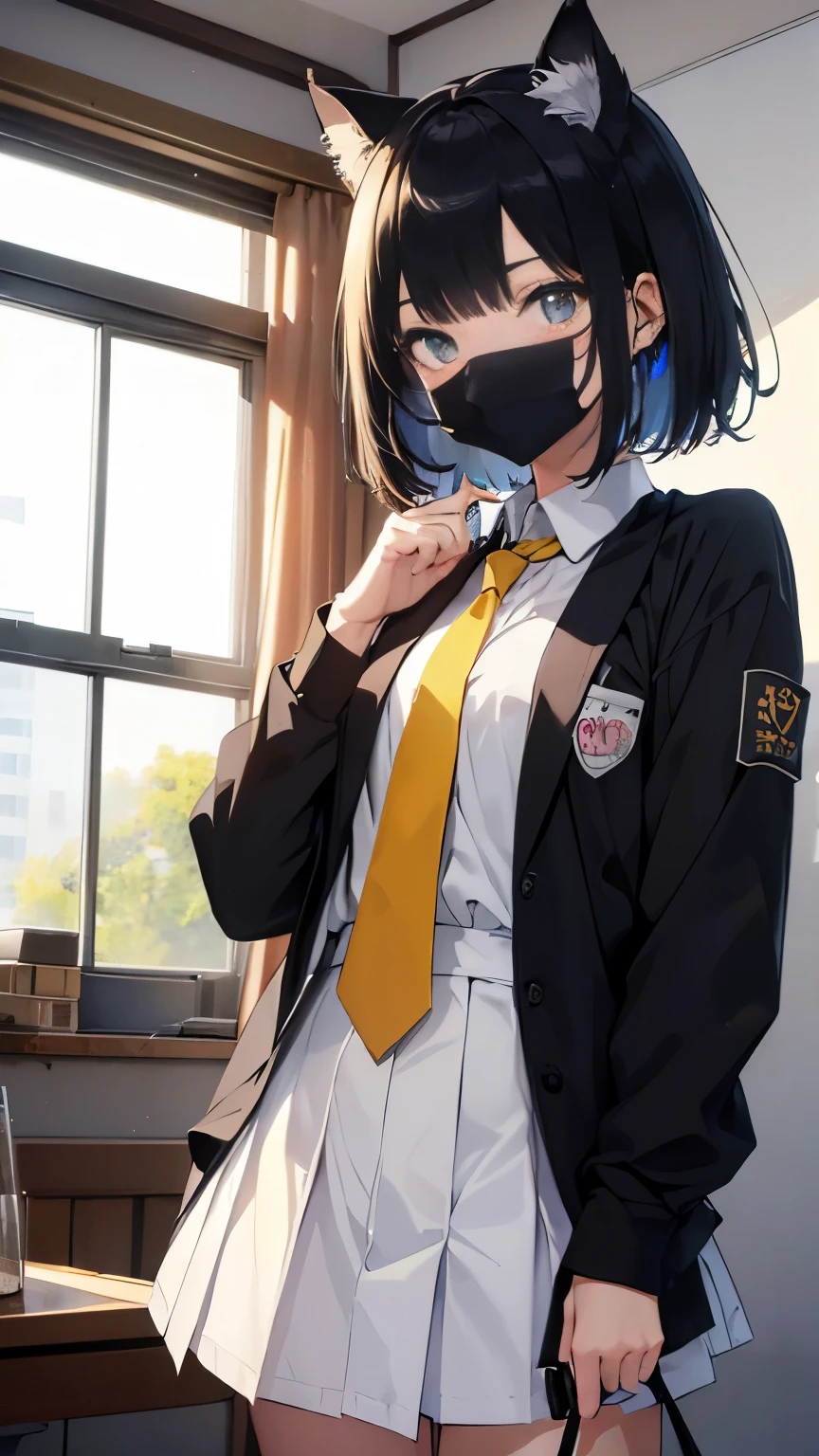 ((masterpiece:1.4、highest quality:1.2))、1 girl、solo focus、delicate face、Highly detailed anime faces and eyes、(conversion sequence)、Slender Beautiful Girl,black hair,short hair,Bob Heyer,bob cut,straight hair,((Blue right eye,yellow left eye),(odd eye,Eyes of different colors on the left and right))cat eyes,Black cat ears,Nekomimi,cat tail,school uniform,tie,Black mask,classroom