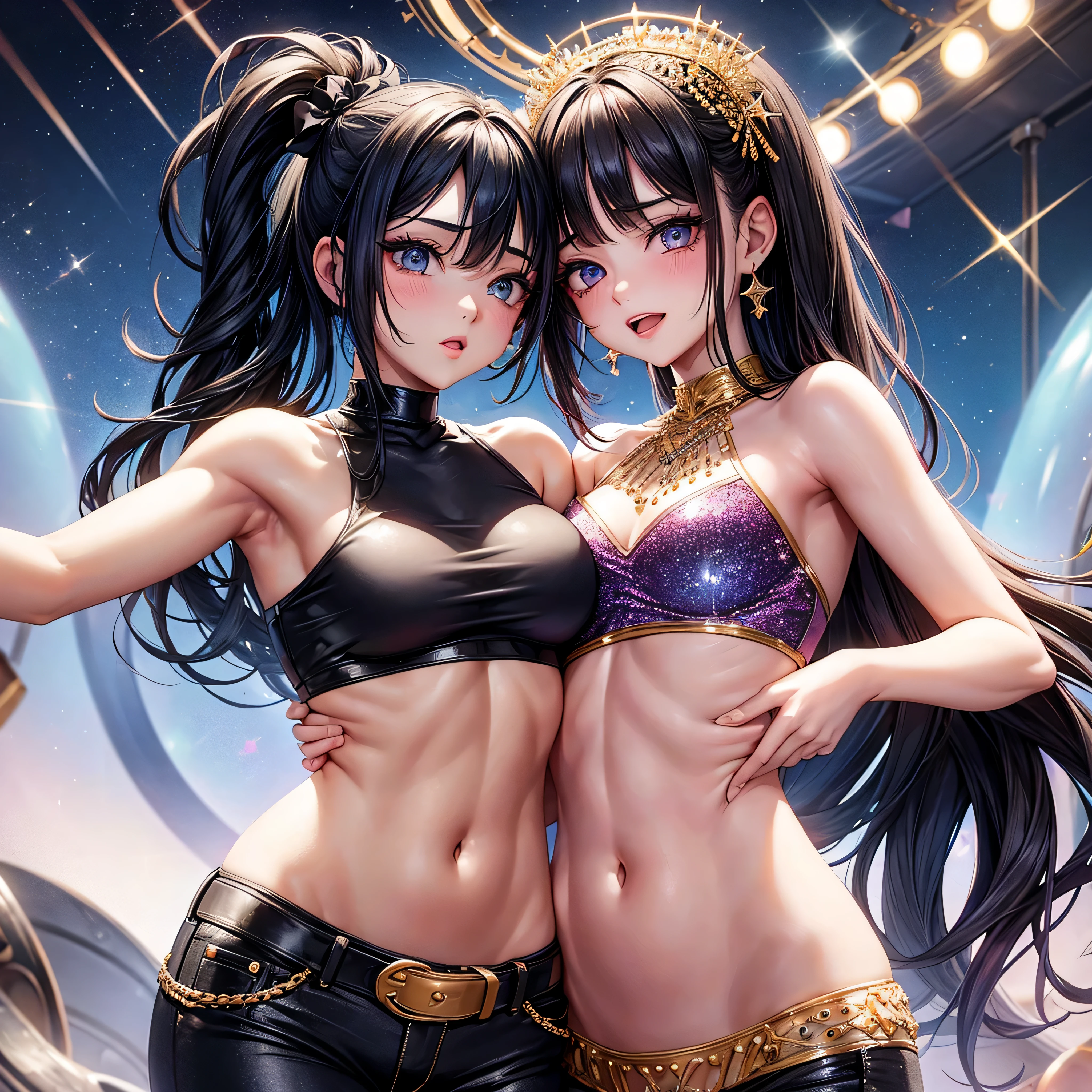 two girls in erotic embrace, bedazzling eyes, exposed stomach, exposed midriff, bare tummy, navel, glitter, starlight, tube top, black jeans