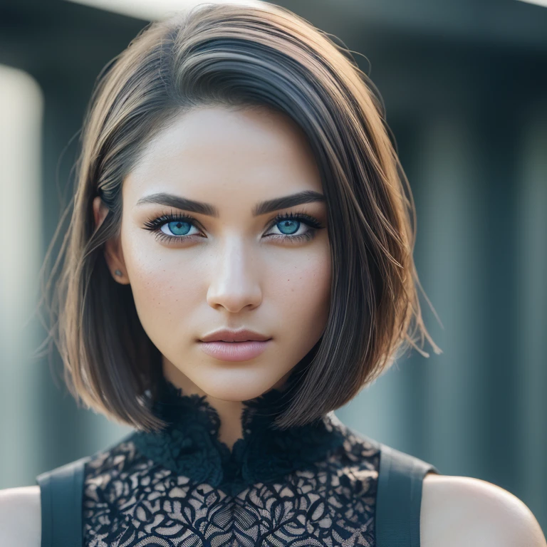 (RAW, analog, Nikon Z 14mm ultra wide angle lens, award-winning glamour photography, ((highest quality)), ((masterpiece)), ((realistic)), skin pores, subsurface scattering, synchrotron rays, high resolution, detailed facial features, high detail, sharp focus, smooth, aesthetic, highly detailed, (highly detailed eyes, highly detailed iris), highly detailed hair, highly detailed skin, highly detailed clothing, Octane Rendering, Photorealistic, Realistic, Post-Processing, Maximum Detail, Realistic Shadows, Roughness, Natural Skin Texture, Real Life, Ultra Realistic, Photorealism, Photography, 8K UHD, Photo, HDR, Complex and Elegant, Highly Detailed, Sharp Focus, Stunning, Beautiful, Gorgeous), (Masterpiece: 1.2, Best Quality 1:1, Ultra Detail: 1.2, Best Shadows, 8k: 1.1) (Large city: 1.3, rooftop: 1.1, lower structures, railings), (contrasting background, light background), (beautiful detailed face), high contrast, (perfect lighting: 1.2, beautiful color, delicate color), (cinematic light)), colorful, hyper-detail, dramatic light, intricate detail, (Isabel Merced, solo, bob_cut_ hair, blue eyes, dynamic angle, seductive), depth of field