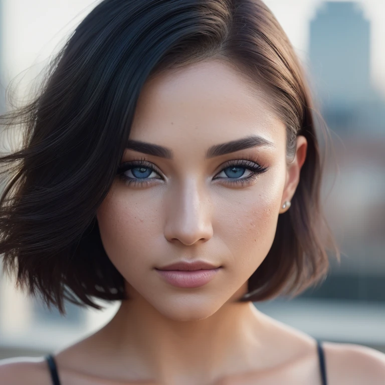 (RAW, analog, Nikon Z 14mm ultra wide angle lens, award-winning glamour photography, ((highest quality)), ((masterpiece)), ((realistic)), skin pores, subsurface scattering, synchrotron rays, high resolution, detailed facial features, high detail, sharp focus, smooth, aesthetic, highly detailed, (highly detailed eyes, highly detailed iris), highly detailed hair, highly detailed skin, highly detailed clothing, Octane Rendering, Photorealistic, Realistic, Post-Processing, Maximum Detail, Realistic Shadows, Roughness, Natural Skin Texture, Real Life, Ultra Realistic, Photorealism, Photography, 8K UHD, Photo, HDR, Complex and Elegant, Highly Detailed, Sharp Focus, Stunning, Beautiful, Gorgeous), (Masterpiece: 1.2, Best Quality 1:1, Ultra Detail: 1.2, Best Shadows, 8k: 1.1) (Large city: 1.3, rooftop: 1.1, lower structures, railings), (contrasting background, light background), (beautiful detailed face), high contrast, (perfect lighting: 1.2, beautiful color, delicate color), (cinematic light)), colorful, hyper-detail, dramatic light, intricate detail, (Isabel Merced, solo, bob_cut_ hair, blue eyes, dynamic angle, seductive), depth of field