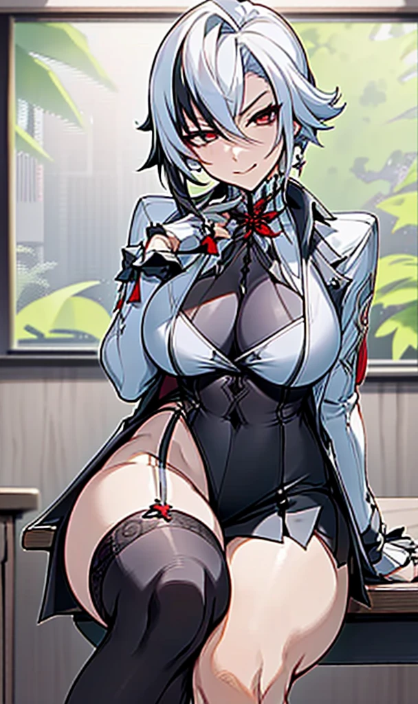 NSFW, ((POV)), arlecchino, arlecchino from genshin impact, office lady, big tits, cool girl, a quiet and serious girl, badass, firm expression, evil smile, look down, sexy model pose, office background, fine background, white shirt, short skirt, leg loops black stocking, full body, sitting on the chair