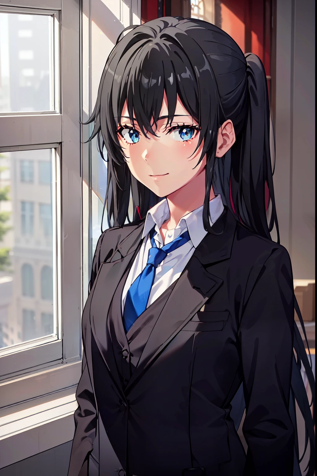 ((best quality)), ((masterpiece)), (detailed) 1girl 1girl, ;\), blurry, blurry_background, breasts, , hair_long , looking_at_viewer, ok_sign, one_eye_closed, open_hand, Yukinoshita Yukino ,Woman wearing formal clothes, An attractive coat stands in a large gap in the room , 1girl, 独奏, blue necktie, Black hair, eyes blue, long hair, smile , collared shirt, white pants, white shirt , Elegantly designed coat , Stand in front of a window ,Perfectly tailored tailcoat. It has a stunning Victorian design and is made of lustrous fabric , soft thighs , full body