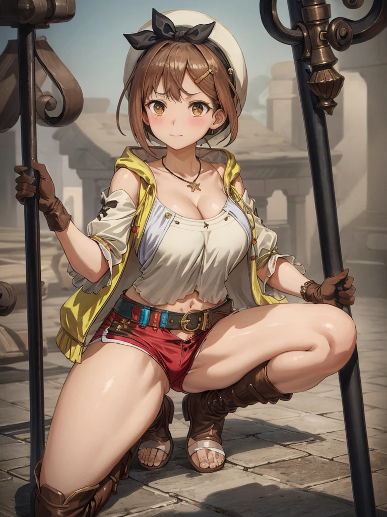 (Squat down and spread your legs:1.2), riser, 1 girl, alone, ((blush:1.2)), shorts, gloves, belt bag, have, head ribbon, jewelry, 赤いshorts, brown hair, thighs thighs thighs, short shorts, bridal legwear, necklace, brown eyes, single glove, hair ornaments, Barrette, star necklace, toeless footwear, leather, star (symbol), white hat, Brown gloves, Knee-high boots, short hair, thighs thighs thighs, leather Belt, brown belt, leather gloves, Jacket, blue belt, belly button, thigh boots, ノースリーブJacket, thigh pouch, white thighs, clavicle, 黄色のJacket, brown shoes, cleavage, huge breasts, big breasts, outdoor, I can see through my clothes, from below