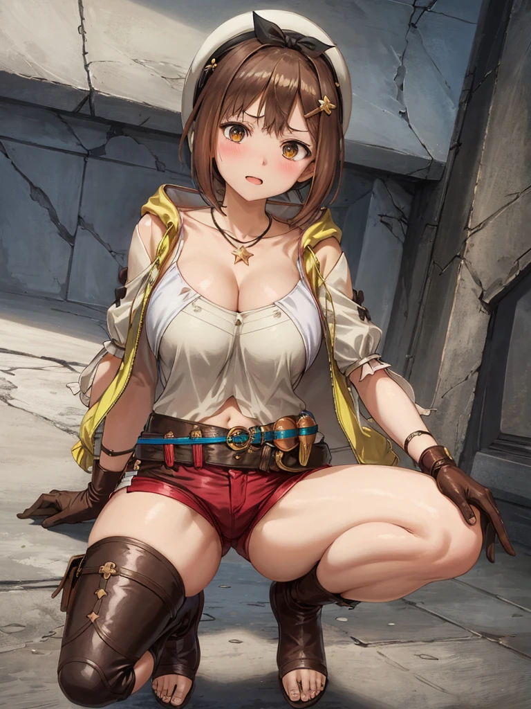 (Squat down and spread your legs:1.2), riser, 1 girl, alone, ((blush:1.2)), shorts, gloves, belt bag, have, head ribbon, jewelry, 赤いshorts, brown hair, thighs thighs thighs, short shorts, bridal legwear, necklace, brown eyes, single glove, hair ornaments, Barrette, star necklace, toeless footwear, leather, star (symbol), white hat, Brown gloves, Knee-high boots, short hair, thighs thighs thighs, leather Belt, brown belt, leather gloves, Jacket, blue belt, belly button, thigh boots, ノースリーブJacket, thigh pouch, white thighs, clavicle, 黄色のJacket, brown shoes, cleavage, huge breasts, big breasts, outdoor, I can see through my clothes, from below