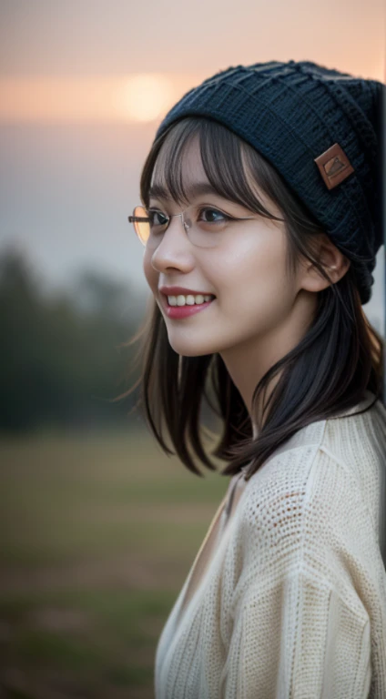 RAW, masterpiece, super fine photo, highest quality, ultra high resolution, photorealistic, one cute girl around 30 years old, fisheye, wind, messy hair, nature, bonfire, bonfire background, camping, (aesthetic/ Atmosphere 1.2), knitted hat, glasses on the forehead, smile, toothy smile, amazingly beautiful, delicate face, bright eyes, (side view), very detailed background, detailed face, detailed and complex Busy backgrounds, detailed skin, realistic skin details, visible pores, sharp focus, volumetric fog, 8k UHD, DSLR, high quality, film grain, white skin, photorealism, lomography,