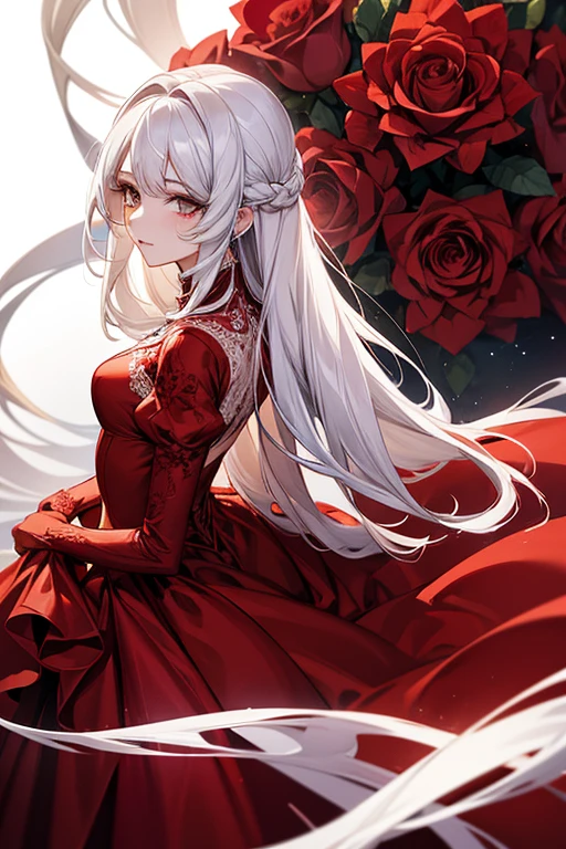 a close up of a woman in a red dress with roses, extravagant dress, 8k highly detailed ❤🔥 🔥 💀 🤖 🚀, dressed beautiful gown, wearing a wonderful dress, red dress, detailed dress and face, all red, beautiful gown, gown, elegant red dress, red, wearing a wonderful dress, exquisite digital illustration,The most beautiful woman in the world、white hair、white eyes、best style、beautiful legs、whole body
