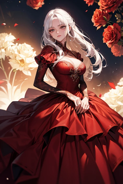 a close up of a woman in a red dress with roses, extravagant dress, 8k highly detailed ❤🔥 🔥 💀 🤖 🚀, dressed beautiful gown, wearing a wonderful dress, red dress, detailed dress and face, all red, beautiful gown, gown, elegant red dress, red, wearing a wonderful dress, exquisite digital illustration,The most beautiful woman in the world、white hair、white eyes、best style、beautiful legs、whole body