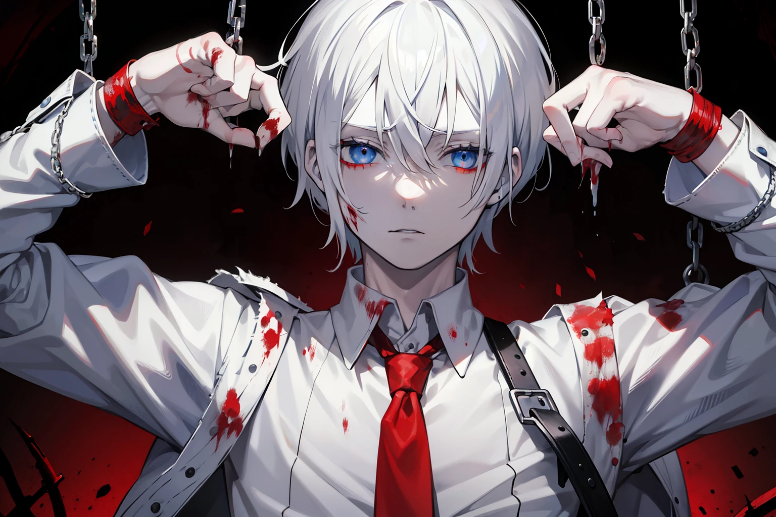 White haired male, blood, violence, gore, killer, blood on face, staring coldly, blue eyes, short hair, nsfw , multicolored black and white hair, emotionless, chained, gore, psychopath, tied up, locked, captured, detailed