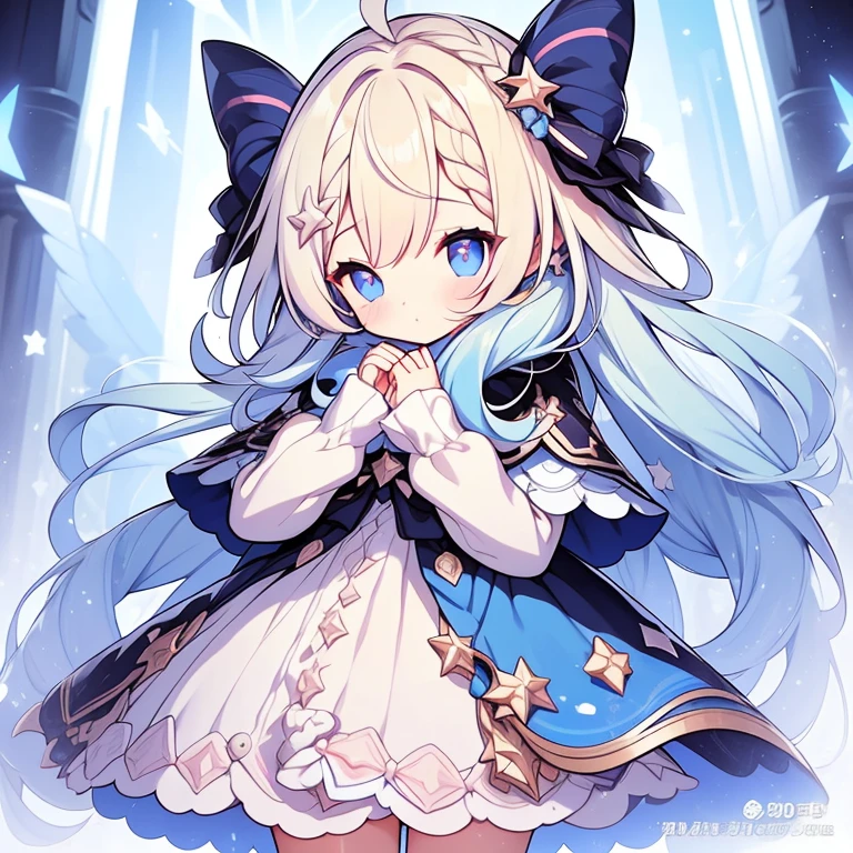 1 girl, alone, one eye closed, Ahoge, Braid, blue eyes, star (symbol), blue nails, boots, whole body, bow, animal ears, jewelry, long hair, view viewer, nail polish, fur trim, open your mouth, colorful hair, A blue headdress, dress, ;Edo, puffy sleeves, cape, Say goodbye to hair accessories, Hairstyle, have, bangs, long sleeve, Blue bow, hair ornaments, blue hair, starry sky print, Blue dress, blonde hair, ブルーcape, Lock, とてもlong hair, skirt, x hair ornament, wing, striped, blush, earrings, blue footwear, head wing, :Edo, star座 print, ふくらみのあるlong sleeve, 青いskirt, striped bow, socks, star座,