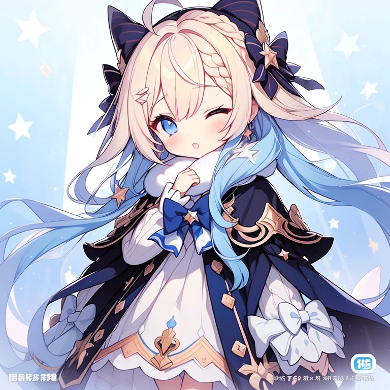 1 girl, alone, one eye closed, Ahoge, Braid, blue eyes, star (symbol), blue nails, boots, whole body, bow, animal ears, jewelry, long hair, view viewer, nail polish, fur trim, open your mouth, colorful hair, A blue headdress, dress, ;Edo, puffy sleeves, cape, Say goodbye to hair accessories, Hairstyle, have, bangs, long sleeve, Blue bow, hair ornaments, blue hair, starry sky print, Blue dress, blonde hair, ブルーcape, Lock, とてもlong hair, skirt, x hair ornament, wing, striped, blush, earrings, blue footwear, head wing, :Edo, star座 print, ふくらみのあるlong sleeve, 青いskirt, striped bow, socks, star座,