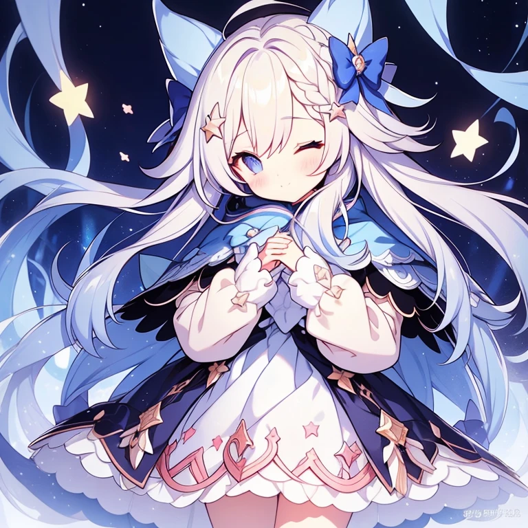 1 girl, alone, one eye closed, Ahoge, Braid, blue eyes, star (symbol), blue nails, boots, whole body, bow, animal ears, jewelry, long hair, view viewer, nail polish, fur trim, open your mouth, colorful hair, A blue headdress, dress, ;Edo, puffy sleeves, cape, Say goodbye to hair accessories, Hairstyle, have, bangs, long sleeve, Blue bow, hair ornaments, blue hair, starry sky print, Blue dress, blonde hair, ブルーcape, Lock, とてもlong hair, skirt, x hair ornament, wing, striped, blush, earrings, blue footwear, head wing, :Edo, star座 print, ふくらみのあるlong sleeve, 青いskirt, striped bow, socks, star座,