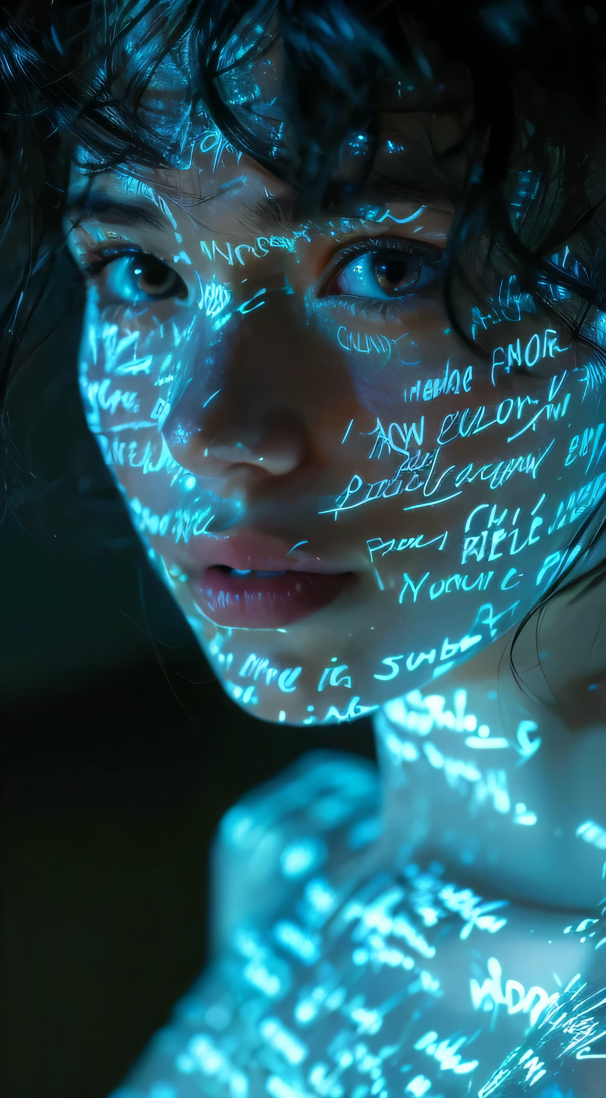 your face is shining、Alphafie woman with letters written on her face, cyborg movie stills, pale young woman with text, クールなcyborg movie stills, blue handwritingic face, Virtual Self, handwriting, glow wave girl portrait, with glowing runes on the body, alien girl movie stills, transparent handwritingic being, human glowing