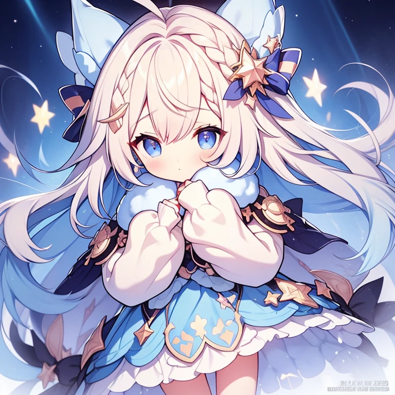 1 girl, alone, one eye closed, Ahoge, Braid, blue eyes, star (symbol), blue nails, boots, whole body, bow, animal ears, jewelry, long hair, view viewer, nail polish, fur trim, open your mouth, colorful hair, A blue headdress, dress, ;Edo, puffy sleeves, cape, Say goodbye to hair accessories, Hairstyle, have, bangs, long sleeve, Blue bow, hair ornaments, blue hair, starry sky print, Blue dress, blonde hair, ブルーcape, Lock, とてもlong hair, skirt, x hair ornament, wing, striped, blush, earrings, blue footwear, head wing, :Edo, star座 print, ふくらみのあるlong sleeve, 青いskirt, striped bow, socks, star座,