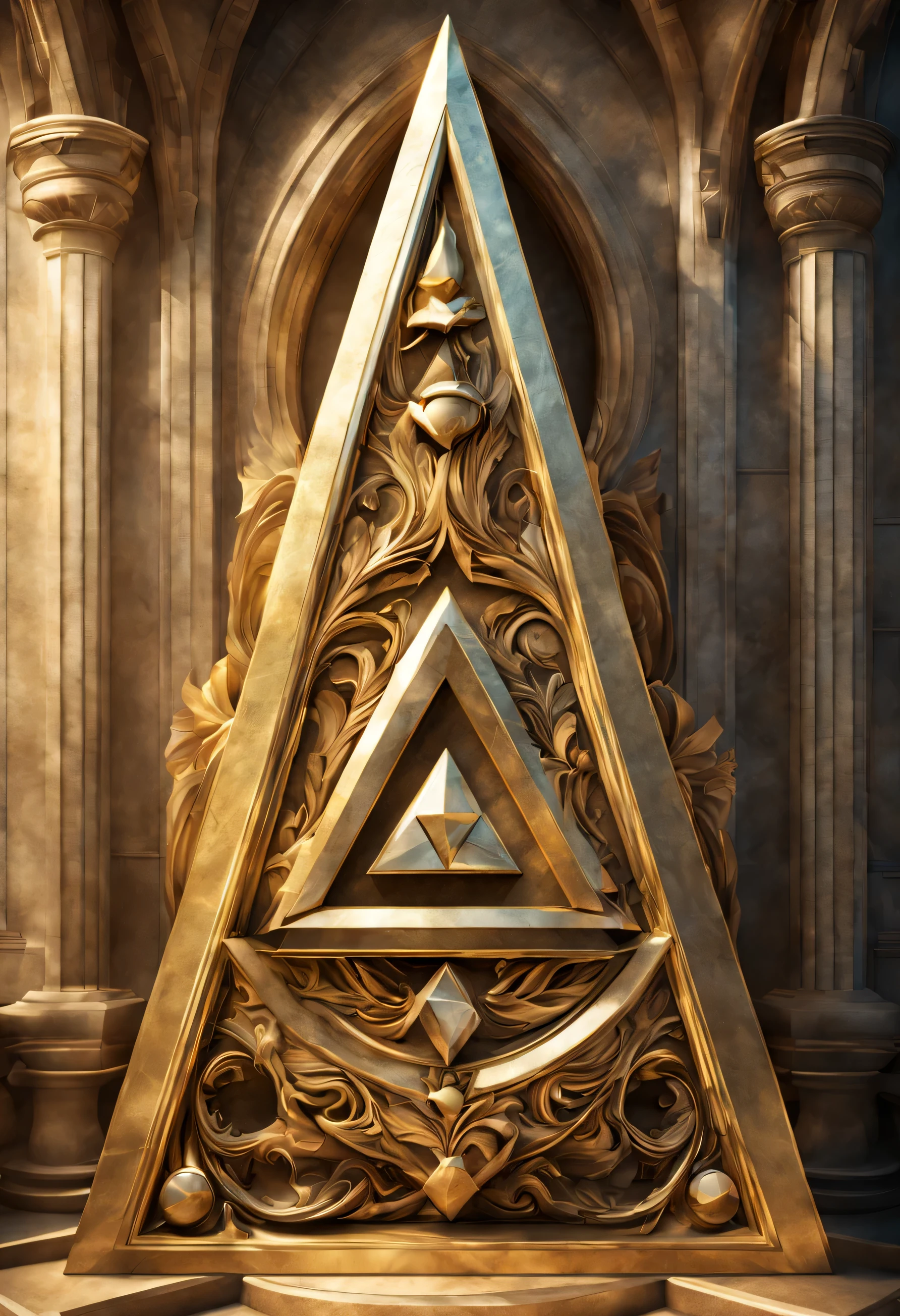 reinforce triangle symbol in triangular shape, hiperrealista y lujosamente ilustrado, (trifuerza:1.5), perfectly symmetrical, Ethereal and mythical feeling., Color lines with lustrous shine., (Narrativa:1.2), Cinematic and dramatic lighting., physically based rendering, award-winning design, Texturas doradas muy detalladas, extraordinario