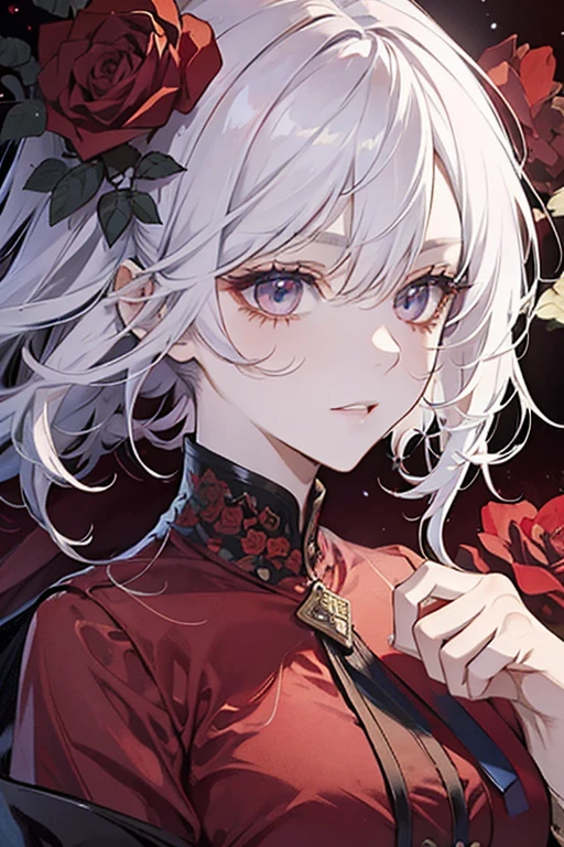 a close up of a woman in a red dress with roses, extravagant dress, 8k highly detailed ❤🔥 🔥 💀 🤖 🚀, dressed beautiful gown, wearing a wonderful dress, red dress, detailed dress and face, all red, beautiful gown, gown, elegant red dress, red, wearing a wonderful dress, exquisite digital illustration,The most beautiful woman in the world、white hair、white eyes、best style、beautiful legs、whole body