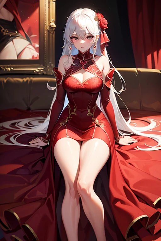 a close up of a woman in a red dress with roses, extravagant dress, 8k highly detailed ❤🔥 🔥 💀 🤖 🚀, dressed beautiful gown, wearing a wonderful dress, red dress, detailed dress and face, all red, beautiful gown, gown, elegant red dress, red, wearing a wonderful dress, exquisite digital illustration,The most beautiful woman in the world、white hair、white eyes、best style、beautiful legs、whole body