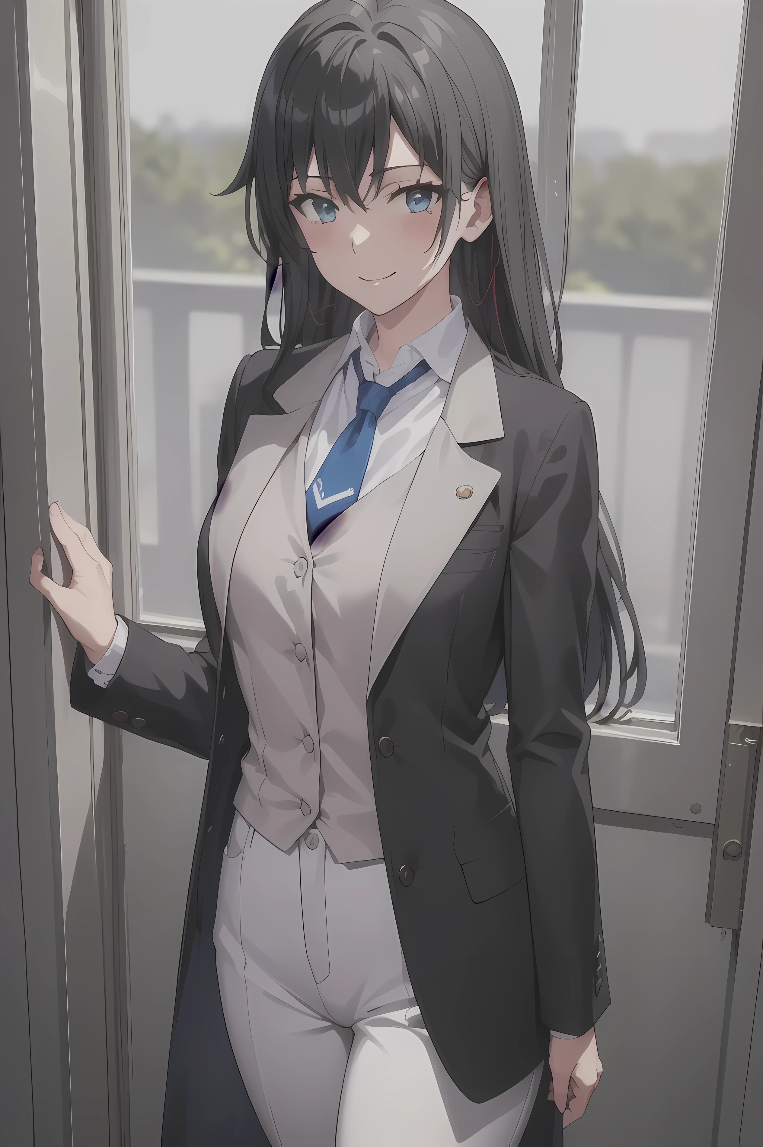 ((Best quality)), ((Masterpiece)), (Hinge) 1girl 1girl, ;\), hazy, hazy_خلinة, Breasts, , Poetry_long , loYesing_in_view, Yes_inked, one_eye_closed, Opens_to hand in, Yukinoshita Yukino ,Woman wearing formal clothes, An intractive coin stands in a large gap in the room , 1girl, unique, blue necktie, Black Poetry, eyes blue, long Poetry, He smiles , Collared shirt, White pants, White shirt , Elegantly deinkeded coin , Stand in front of a window ,Perfectly tailored tailcoin. It has a stunning Victorian deinked and is made of lustrous fabric , Soft thighs , Full body