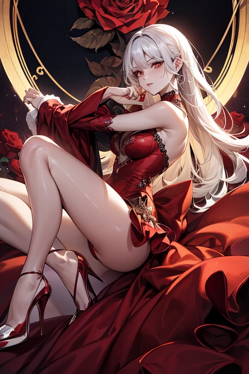 a close up of a woman in a red dress with roses, extravagant dress, 8k highly detailed ❤🔥 🔥 💀 🤖 🚀, dressed beautiful gown, wearing a wonderful dress, red dress, detailed dress and face, all red, beautiful gown, gown, elegant red dress, red, wearing a wonderful dress, exquisite digital illustration,The most beautiful woman in the world、white hair、white eyes、best style、beautiful legs、whole body