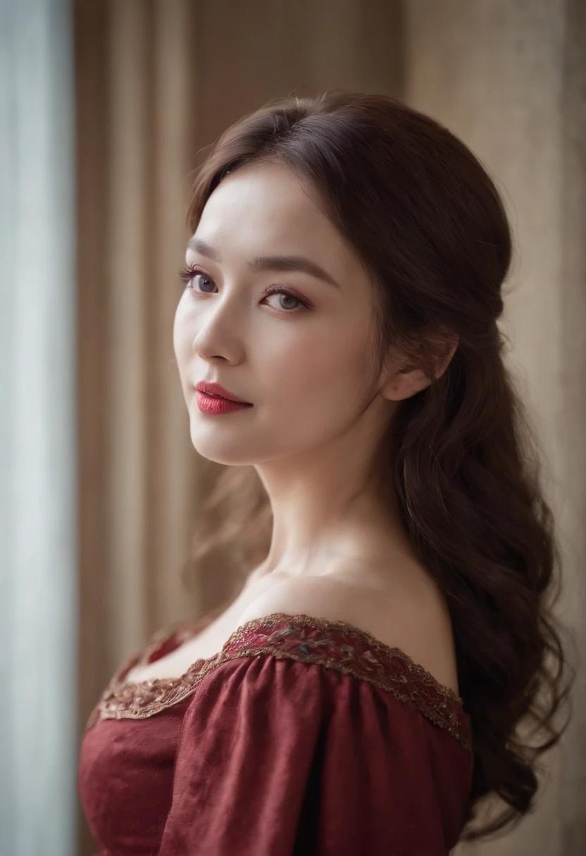 (((a deep reddish wound crosses her left cheek))) fair complexion, asian woman around 30 years old, natural brown hair, distinctive blue eyes, wearing dinner dress with red colour, slender and graceful, beautiful, candlelight in a medieval setting, ultra sharp focus, realistic shot, medieval female clothes, tetradic colors,she's celebrate her birthday (scar:1.4)